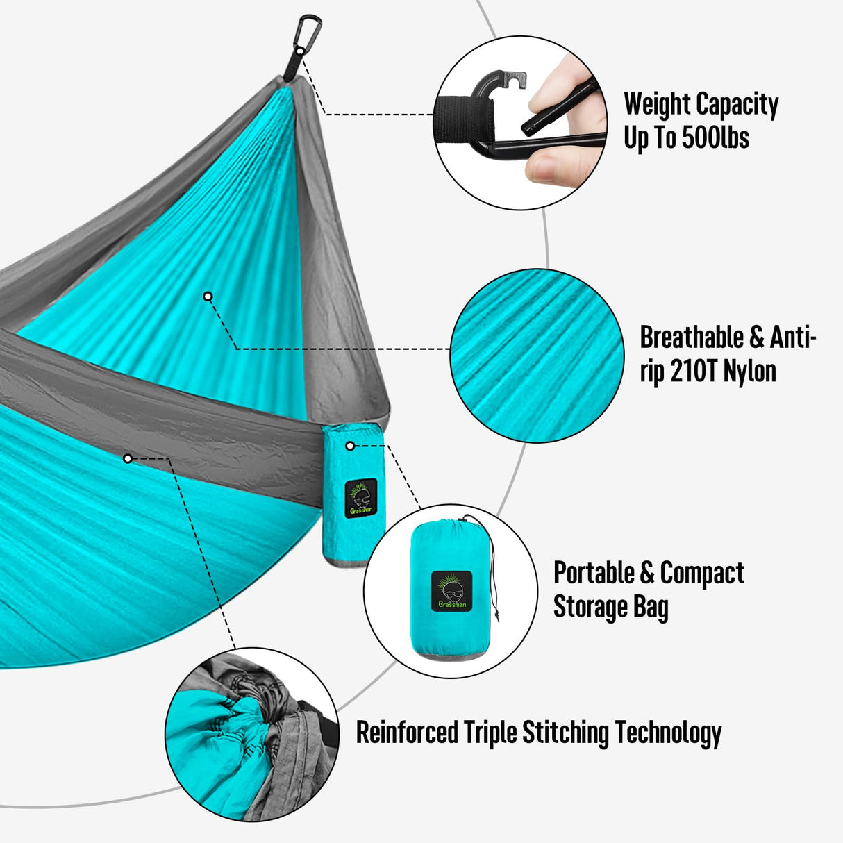 Camping Hammock Double & Single Portable Hammock with Tree Straps, Lightweight Nylon Parachute Hammocks Camping Accessories Gear for Indoor Outdoor Backpacking, Travel, Hiking, Beach Grassman