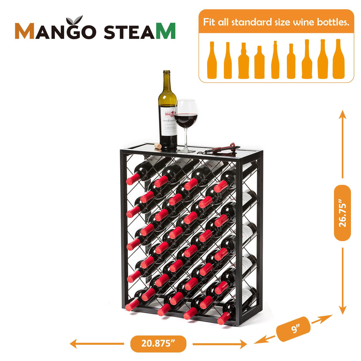 Mango Steam 32 Bottle Wine Rack with Black Glass Top Shelf, Free Standing for Home, Kitchen and Bar Mango Steam