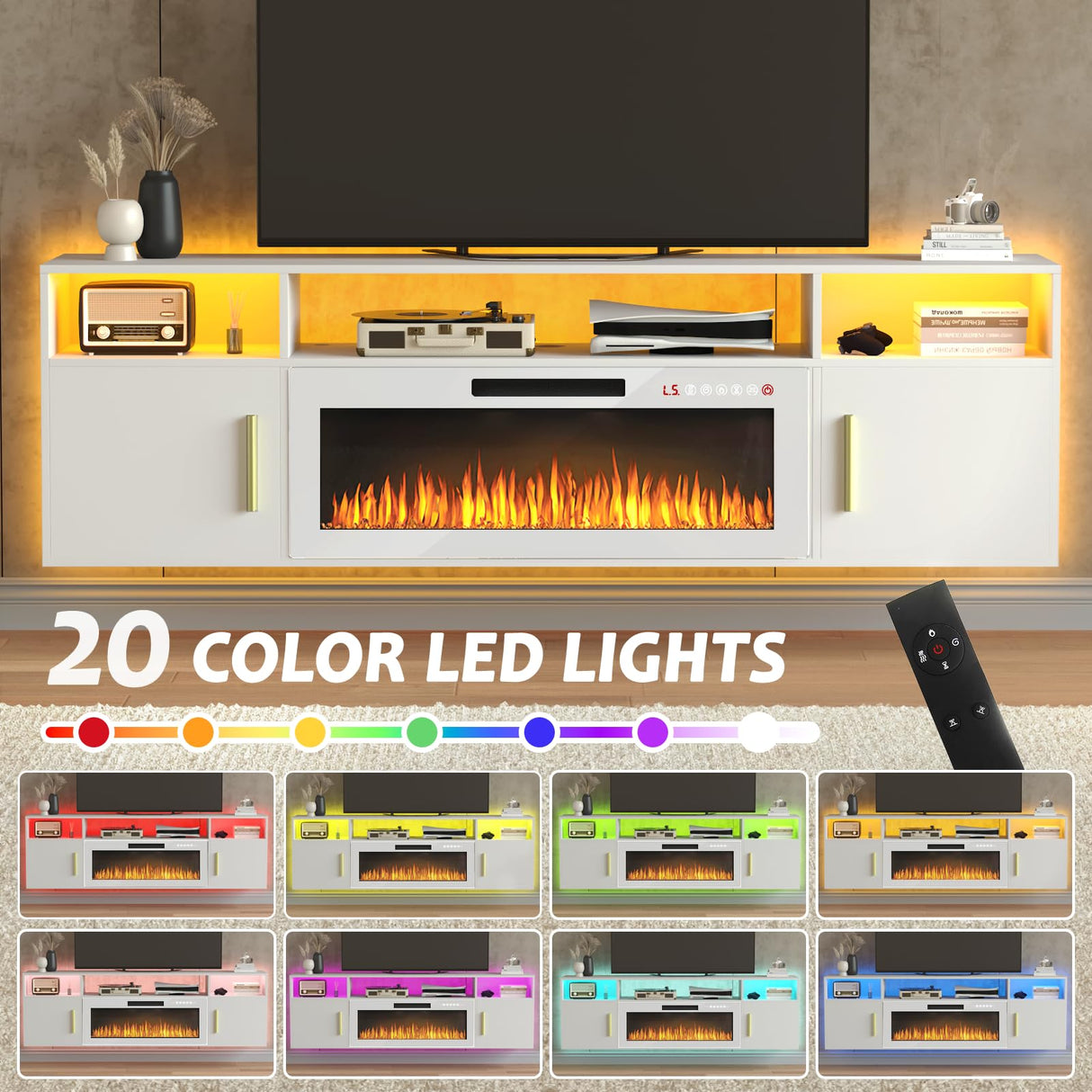 PUKAMI 70" Floating TV Stand with 36" Electric Fireplace,Wall Mounted Entertainment Center with LED Lights and Highlight Storage Cabinet for TVs up to 80" for Living Room (White and White) PUKAMI