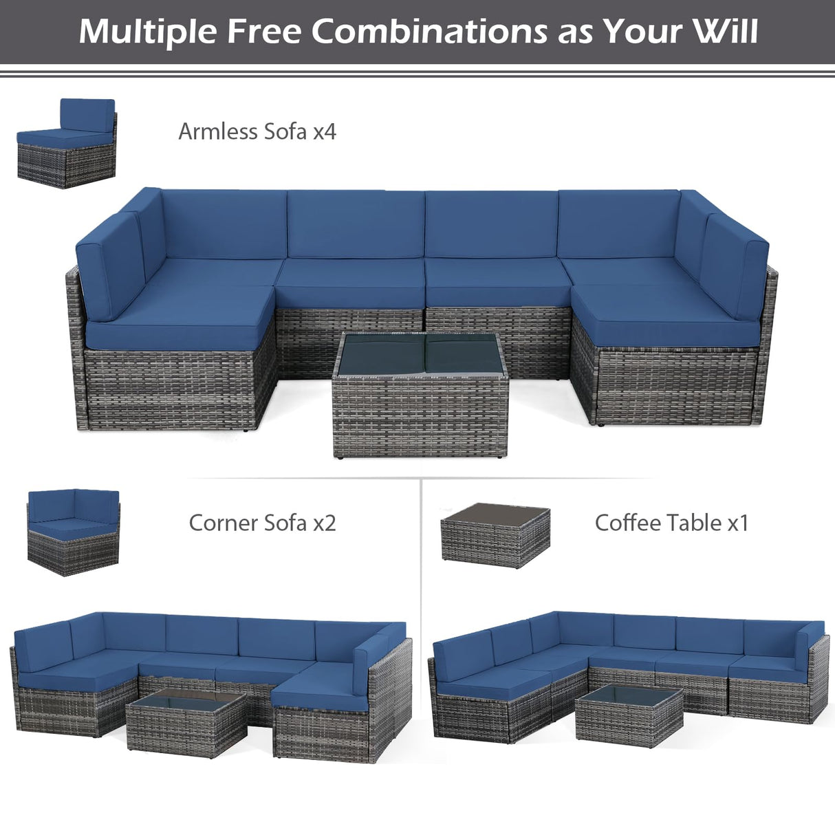 U-MAX 7 Piece Outdoor Patio Furniture Set, PE Rattan Outdoor Grey Wicker Furniture, Outdoor Sectional Furniture Chair Set with Cushions and Tea Table, Grey Rattan and Navy Cushion U-MAX
