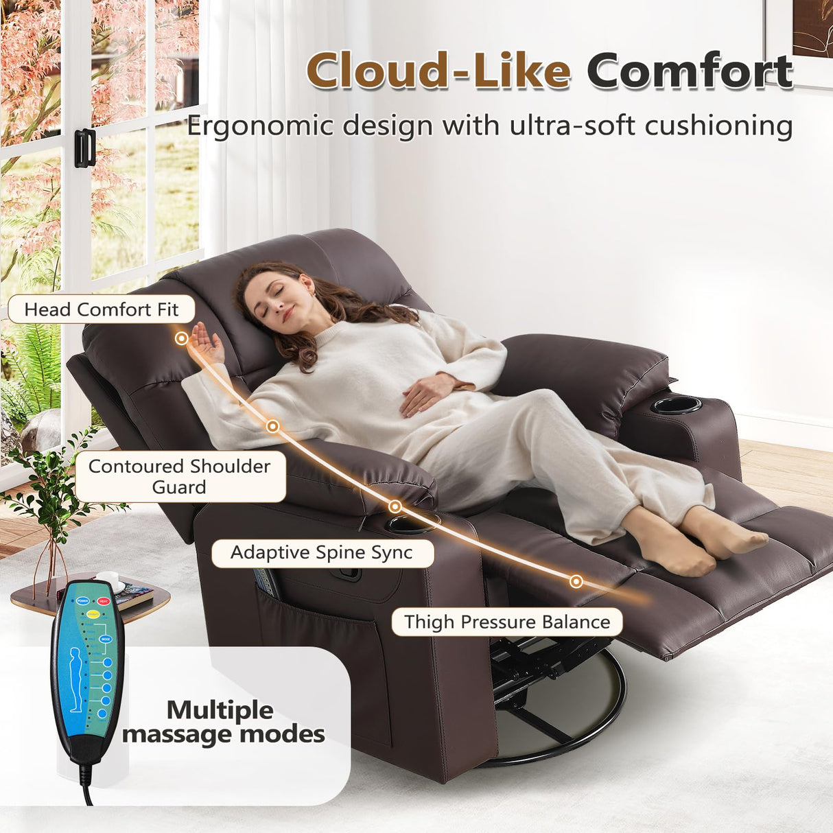 ANJ Swivel Rocker Recliner Chair, Manual PU Leather, 360° Swivel with Massage & Heat for Living Room, Brown ANJ