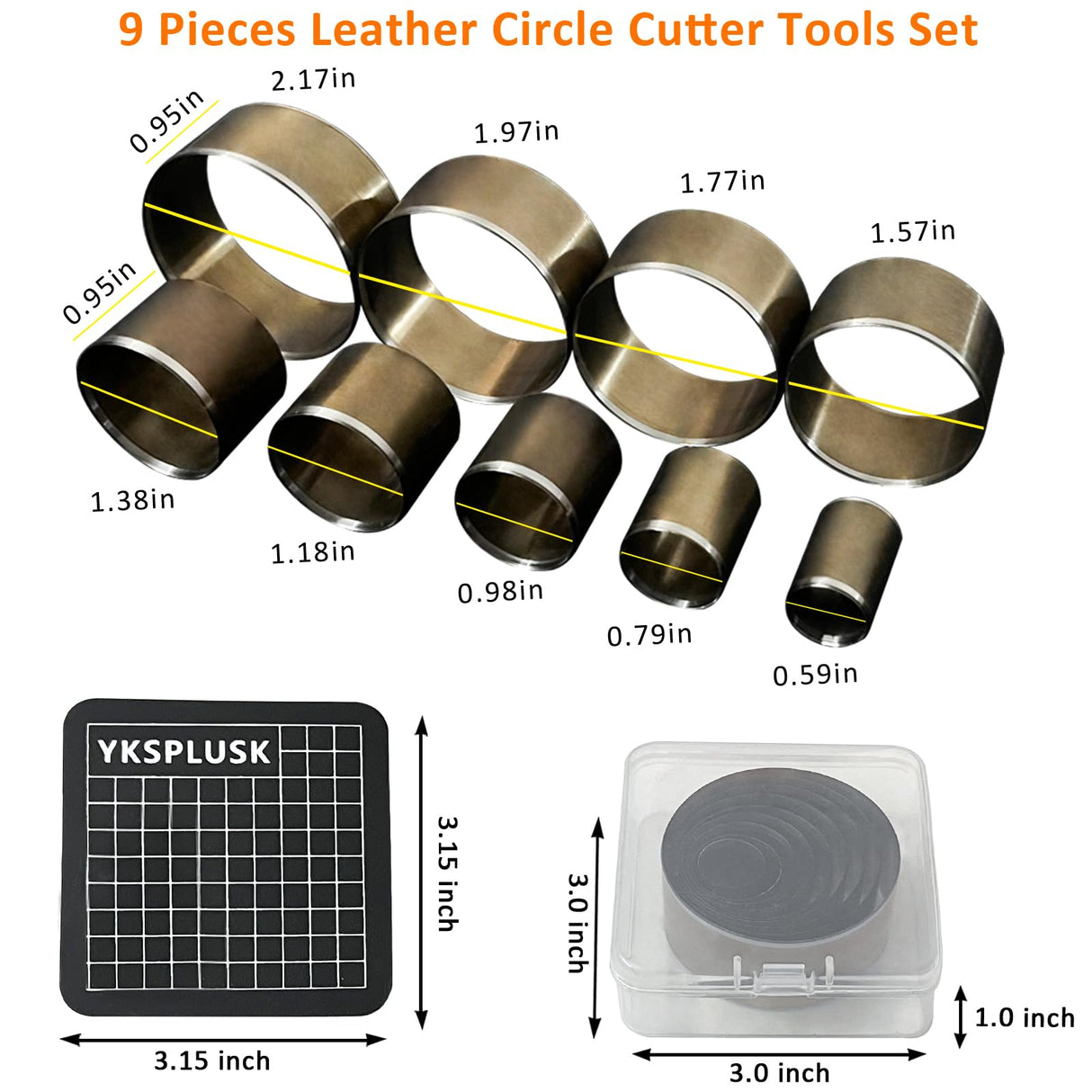 YKSPLUSK Leather Circle Cutter Tool Set, 9 Pieces Circle Punch Tools 15 20 25 30 35 40 45 50 55mm, High Carbon Steel Round Leather Cutting Dies - Leather Hole Punch Tool Kit for DIY Leather Crafts YKSPLUSK