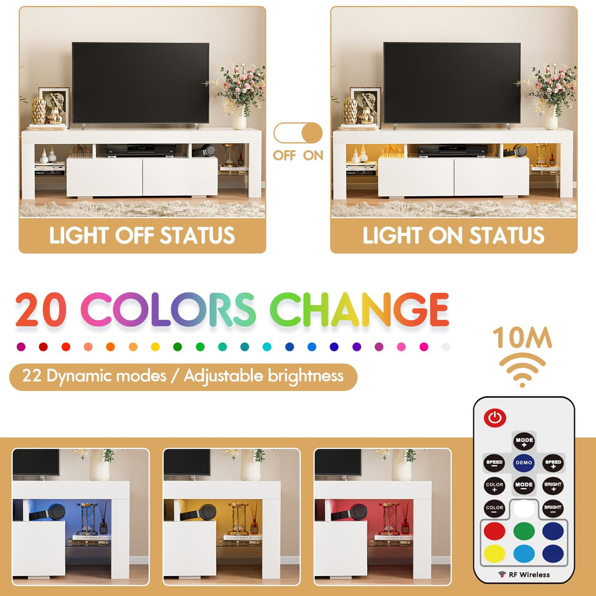 JUMMICO TV Stand, Modern Lighting TV Cabinet Entertainment Center Media and Open Shelf, TV Console Table with 1 Drawer and Remote Control, 20 Color LED Lights up to 70 Inch TV (White) JUMMICO