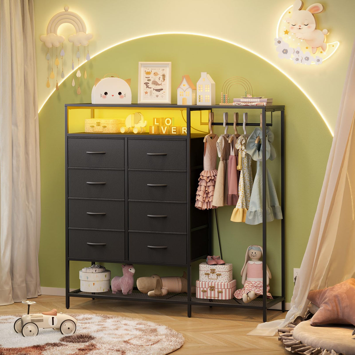 Black Dresser for Bedroom with 8 Drawers and Hanging Rack, 47 Inch Closet Dressers with LED Lights, Shelves & Charging Station, Clothes Storage Organizer Harpaq