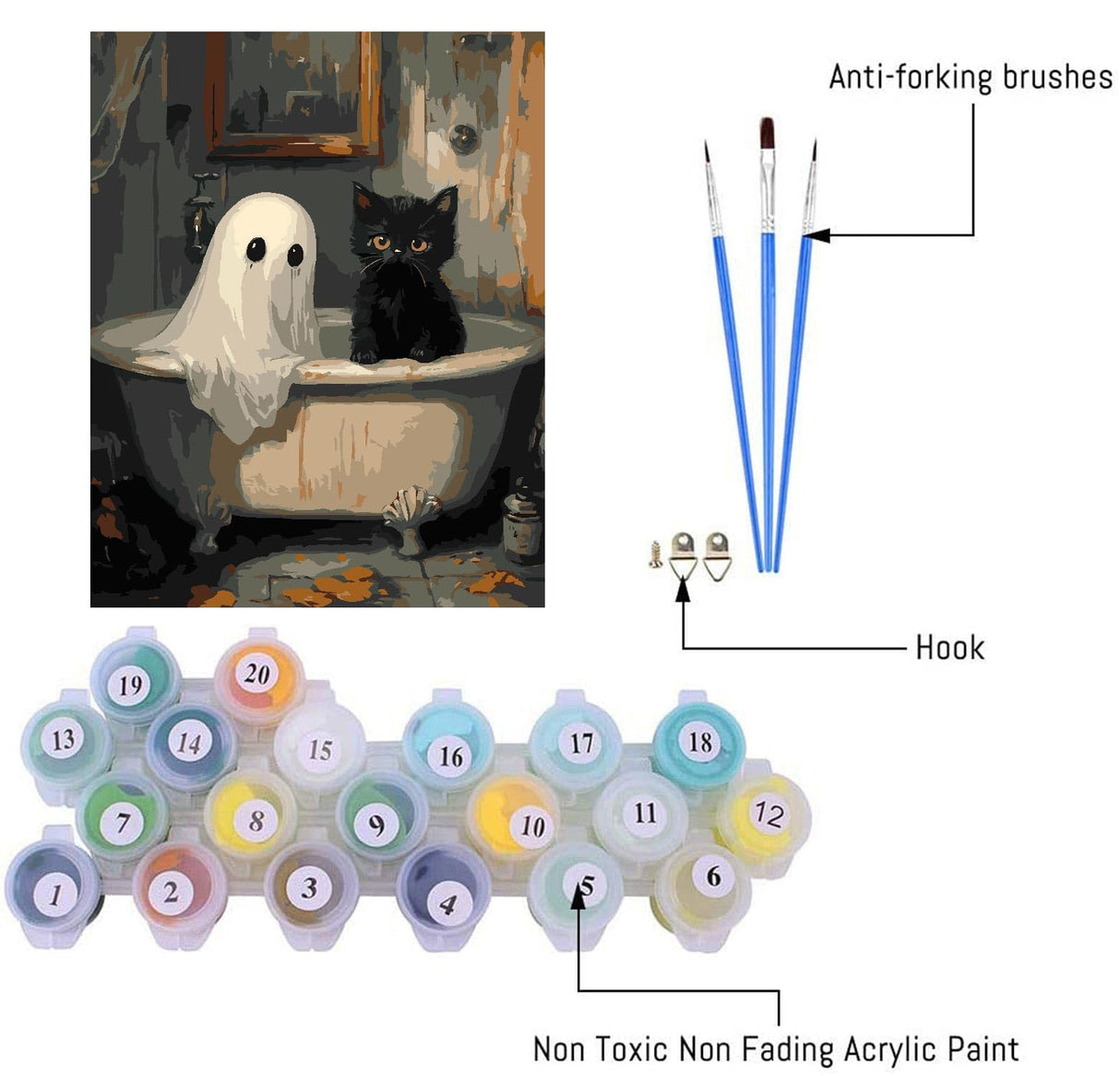 Halloween Paint by Numbers Kit for Adults, Ghost Oil Painting by Numbers with Brushes, Black Cat Art and Crafts Canvas Kit for Beginner Home Decor 16x20 inch / 40x50 cm Clendo