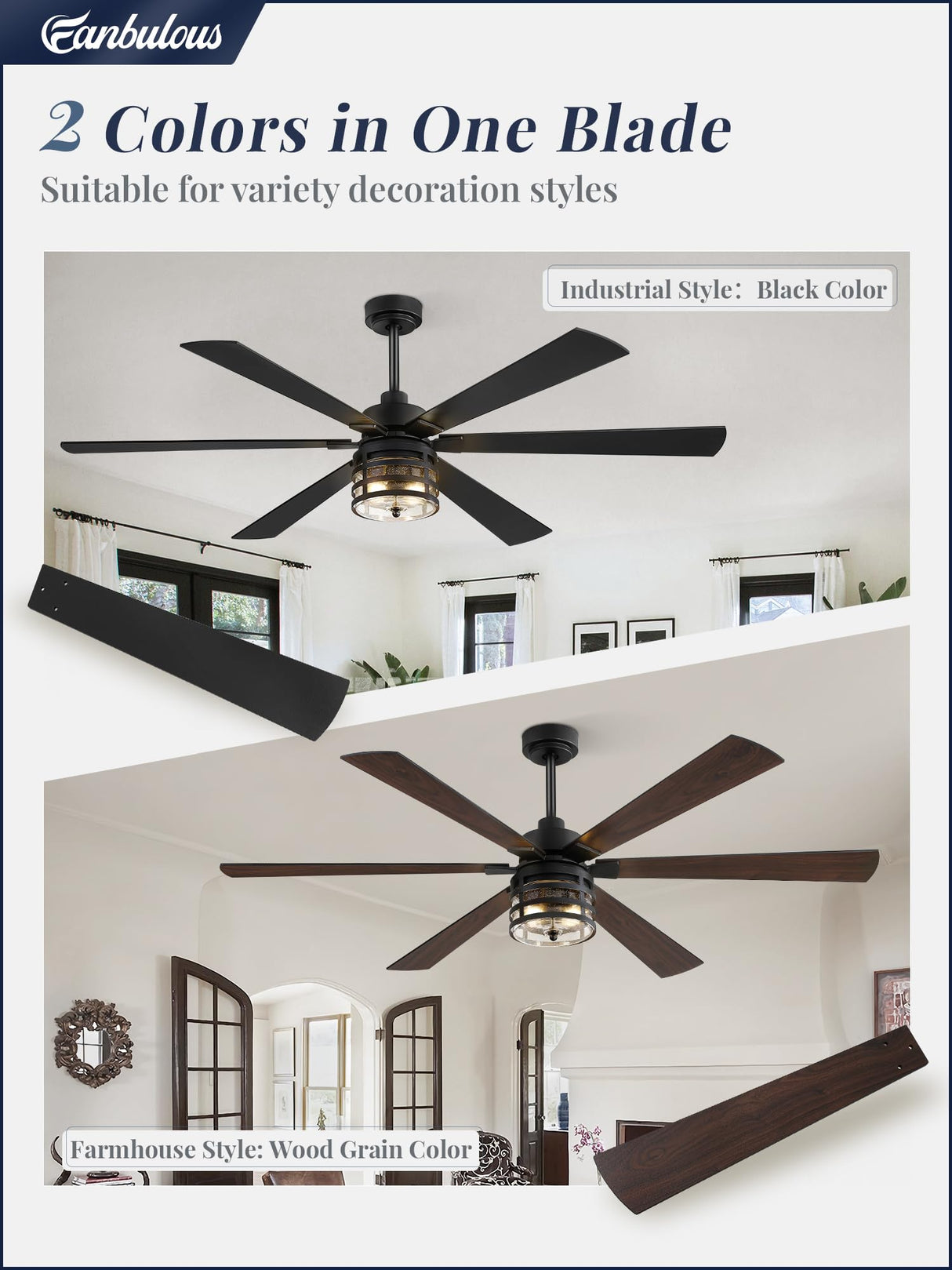 Fanbulous 65" Farmhouse Ceiling Fans with Lights and Remote,Industrial Large Ceiling Fan with 6-Speed Reversible DC Motor and 6 Dual Finish Blades,Black Ceiling Fan with Light for Living bedroom Patio Fanbulous