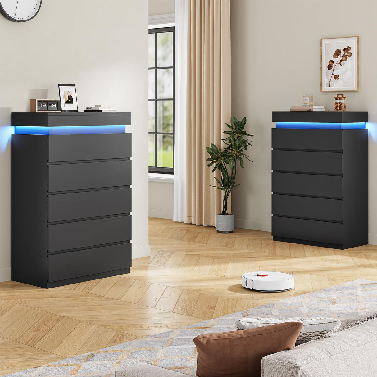 BTHFST 5 Drawers Black Tall Dresser with LED Lights, Modern Tall LED Organizer for Bedroom, Wooden Tall Chest of Drawers with Large Capacity for Bedroom, Closet, Hallway BTHFST