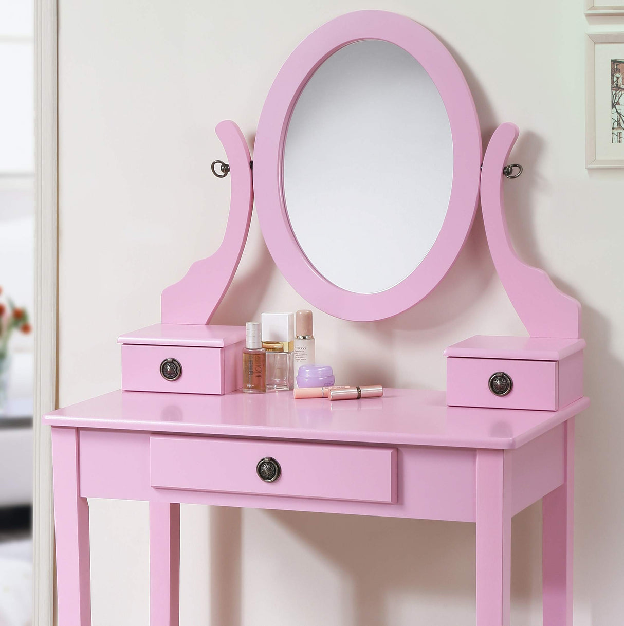 Roundhill Furniture Moniys Moniya Pink Wood Makeup Vanity Table and Stool Set Roundhill Furniture