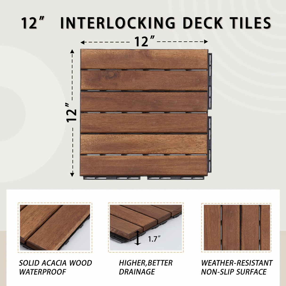 Deck Tiles - Pack of 10 Waterproof Acacia Wood Patio Tiles, Flooring Tiles for Indoor and Outdoor - Decking Stripe Pattern, Dark Brown, 12 x 12 x 1.7 inches SweetGO corporation