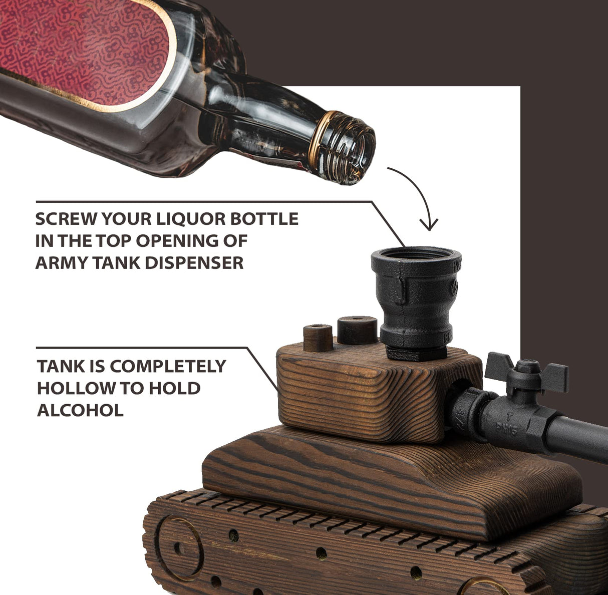 Army Tank Whiskey Decanter by The Wine Savant - Army Gifts for Men - Tank Gift - Bourbon and Scotch Decanter, Gifts for Military Veteran Gifts - 1000ml - Ideal Groomsmen Gifts Whiskey for Men - Wood The Wine Savant