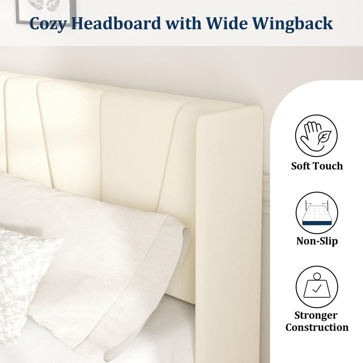 Queen Bed Frame with Headboard and Wingback, Velvet Upholstered Platform Bed, Mattress Foundation with Wooden Slat Support, No Box Spring Needed, Easy Assembly, Noise Free, Beige Sismplly