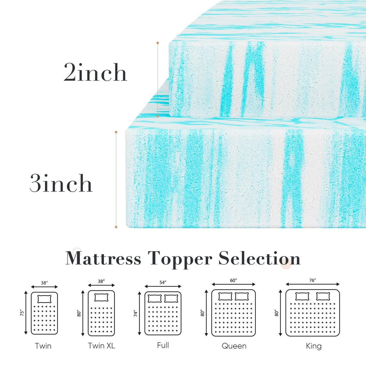 DUMOS 3 Inch Gel Memory Foam Mattress Topper King - Blue Soft Mattress Topper King Size for Back Pain, CertiPUR-US Certified, RV, Camper, CertiPUR-US Certified, Blue DUMOS