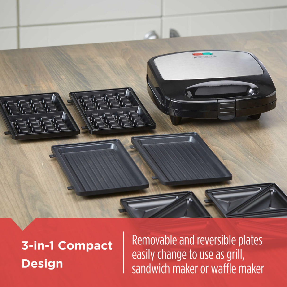 BLACK+DECKER 3-in-1 Waffle Iron, WM2000SD, Grill and Sandwich Press, Non-Stick Removable Plates, Space Saving Compact Design BLACK+DECKER