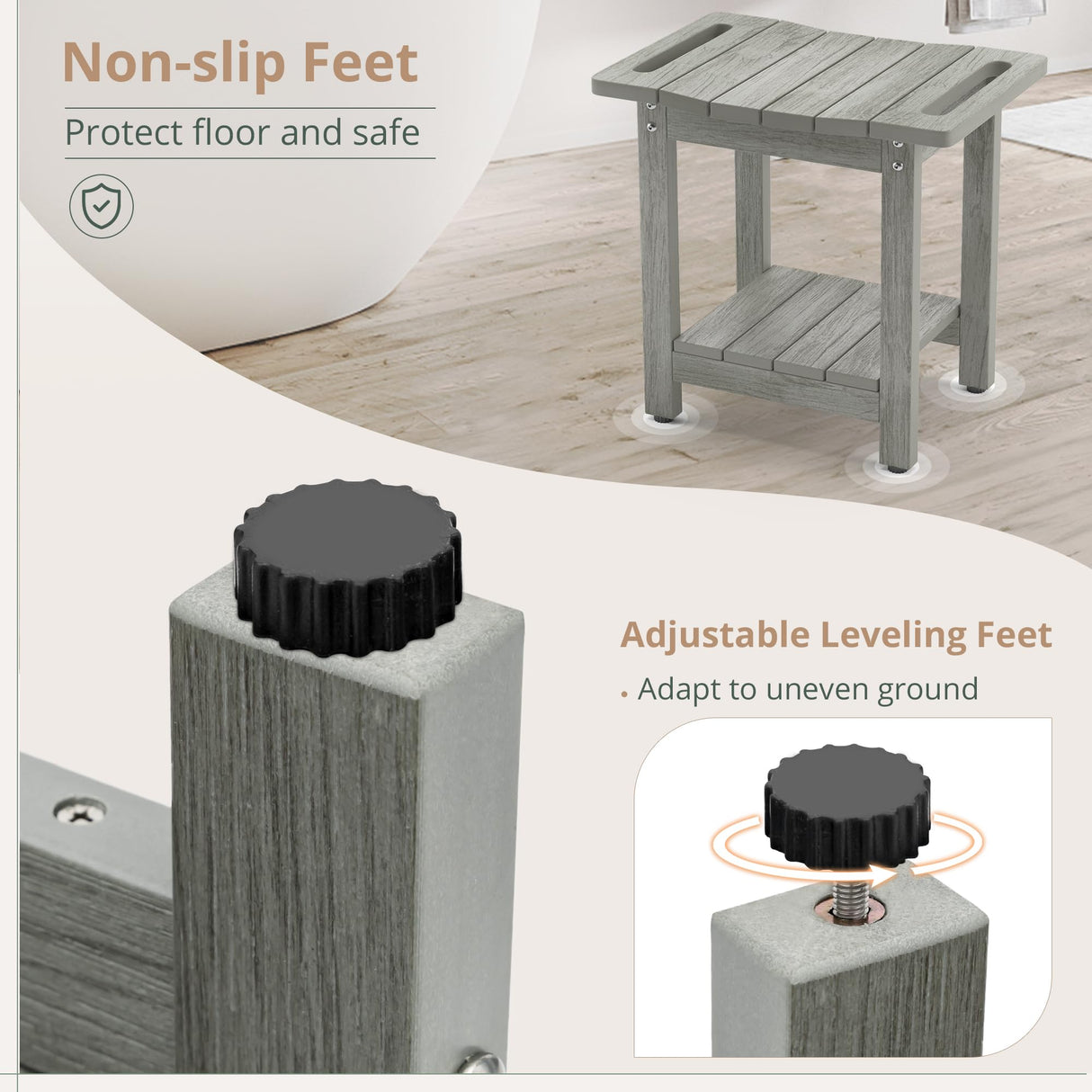 LUE BONA HDPS Shower Benches for Inside Shower, Gray Shower Stool for Shaving Legs with Shelf, Waterproof Shower Chair Seat for Spa Bathroom, Weather Resistant/Non-Slip/Handles/Indoor or Outdoor Use LUE BONA