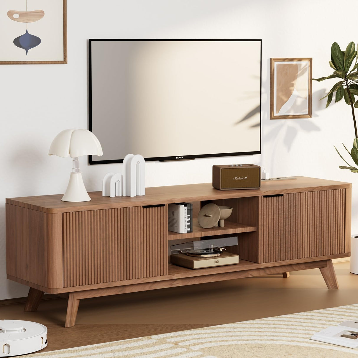 Royal Windsor Modern TV Stand for Living Room,Large TV Table with Fluted Door Cabinets and Open Shelves,Entertainment Center with Storage and TV Mount,Media Console Cabinet with Socket,Reddish Brown Royal Windsor
