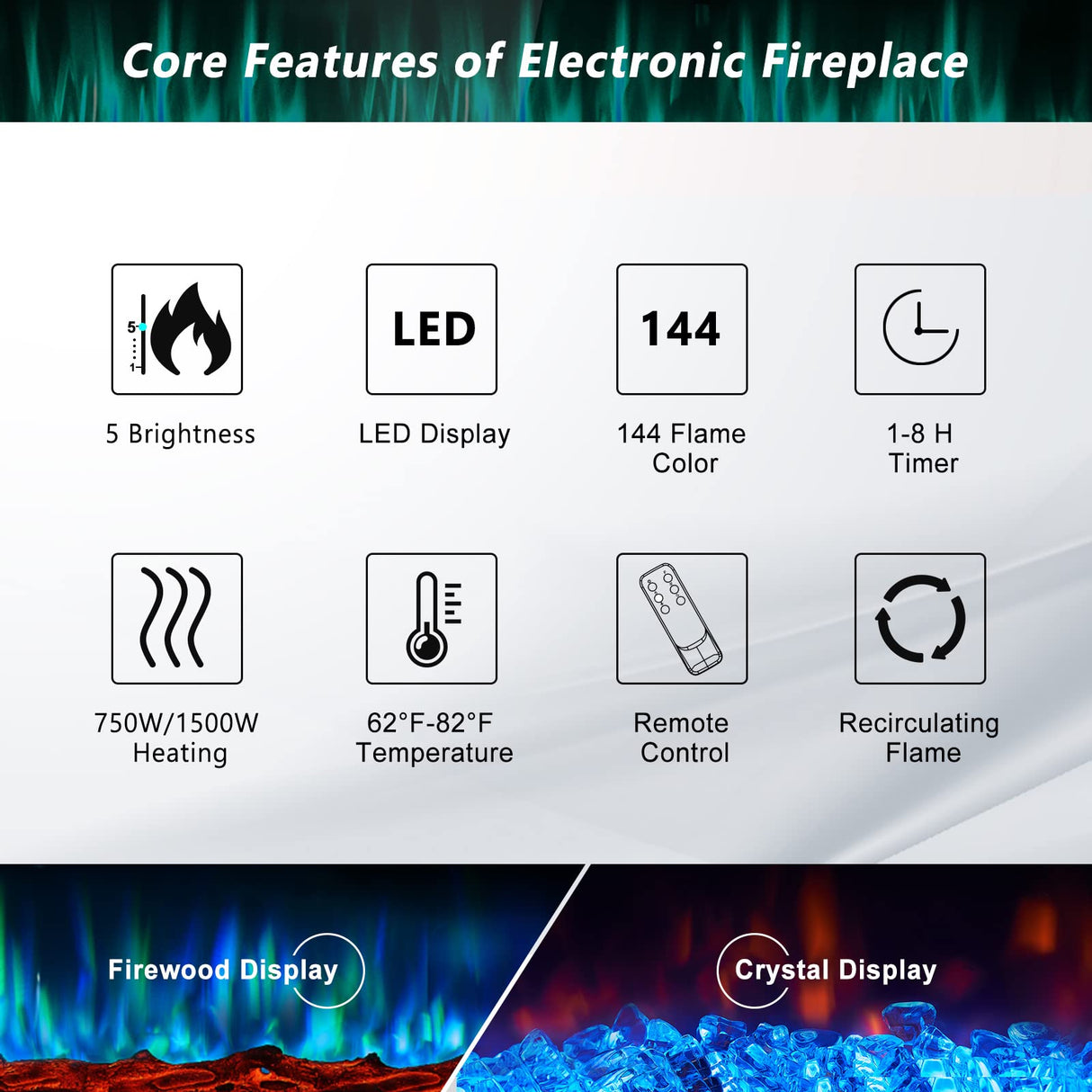 Jolydale Electric Fireplace 60 inch Wall Mounted and Recessed with Remote Control and Touch Panel Control, Timer,12-Level Adjustable Flame Colors and Speed Jolydale