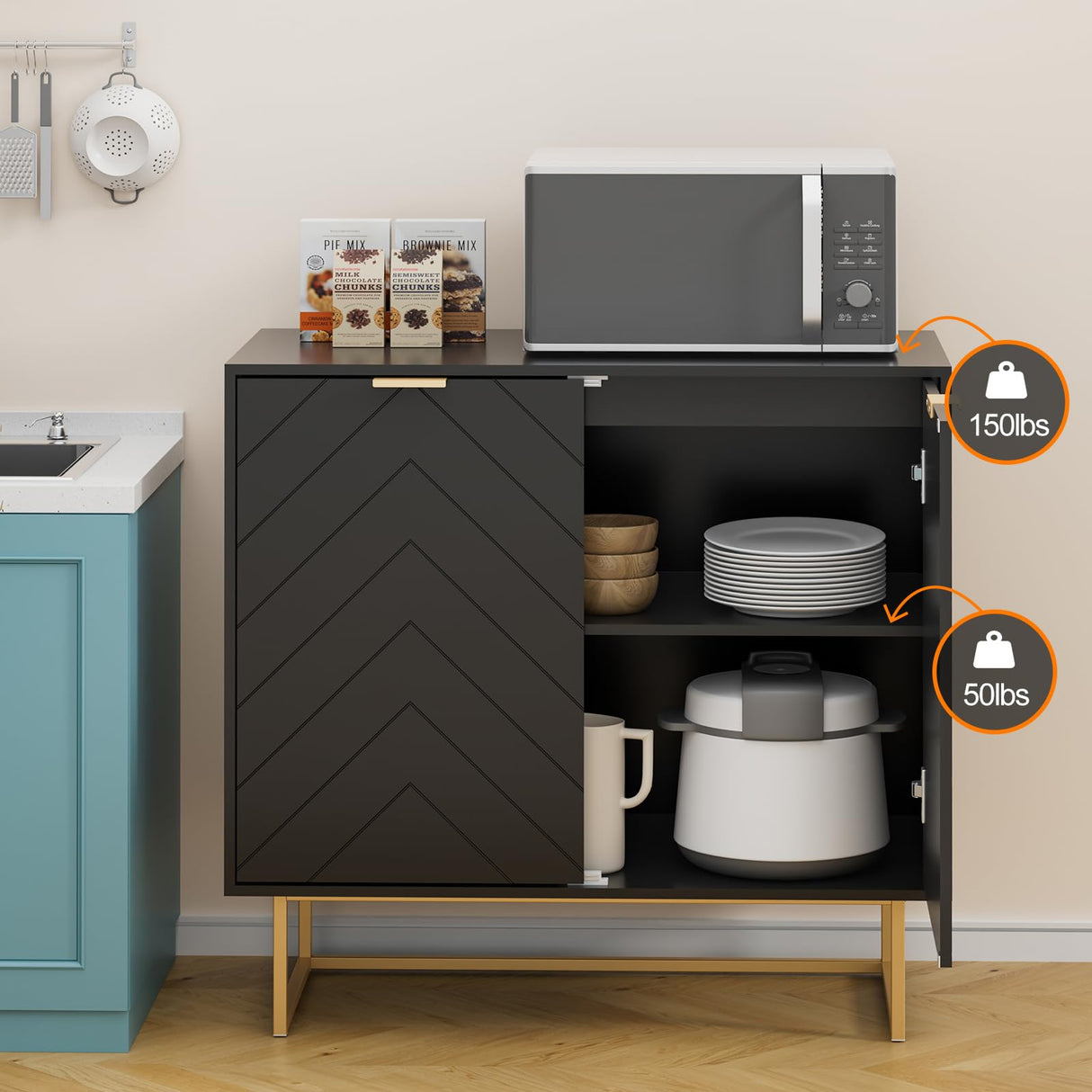 Scurrty Set of 2 31.5'' Sideboard Buffet Cabinet with Storage, Top Weight Capacity 150lbs Sideboard Storage Cabinet with Doors and Adjustable Shelf, Accent Cabinet for Living Room, Kitchen, Black Scurrty