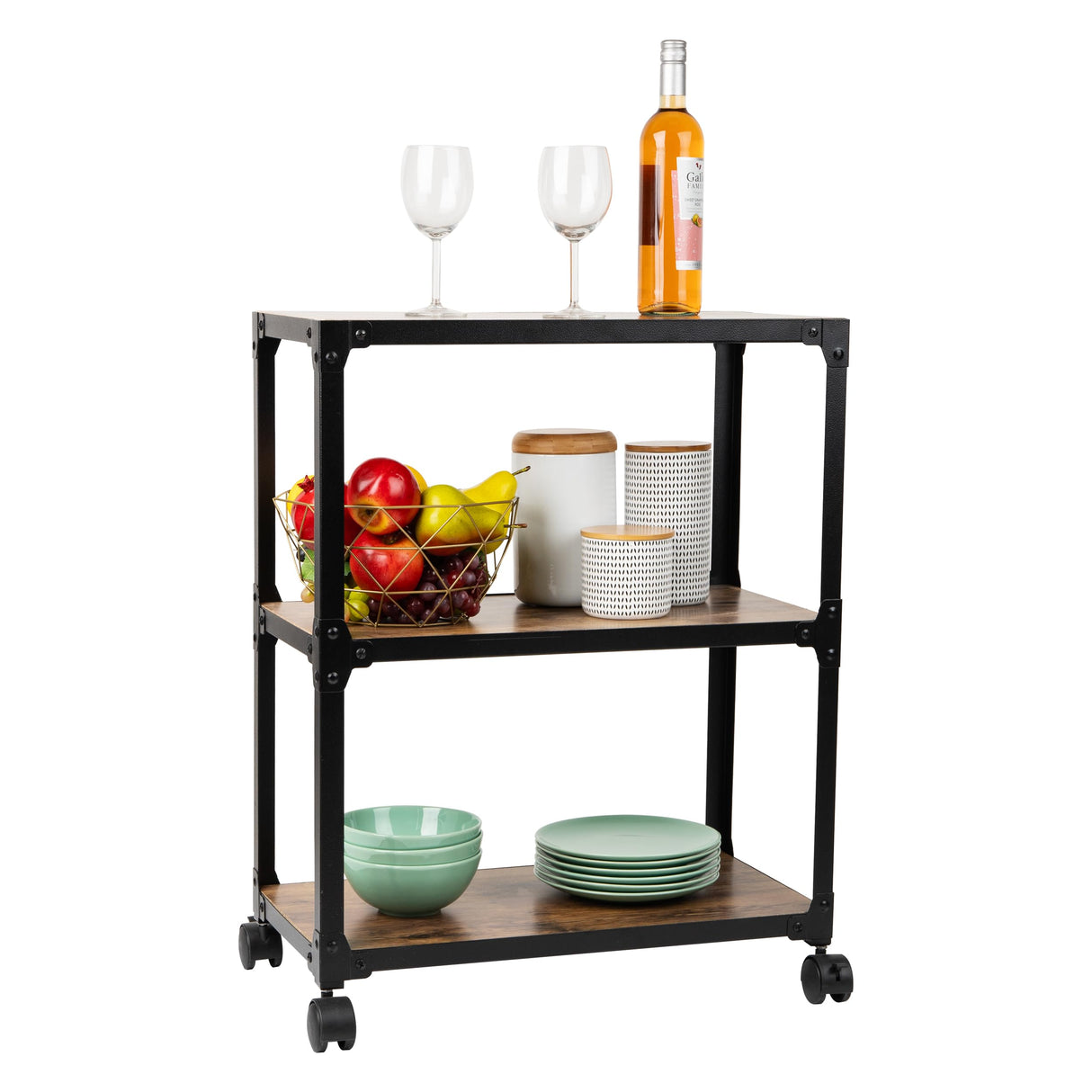Mind Reader Bar Cart, Rolling Cart, Microwave Stand, 3-Tier, Coffee Cart, Kitchen, Wood/Metal, 23"L x 12"W x 29.5"H, Brown Mind Reader