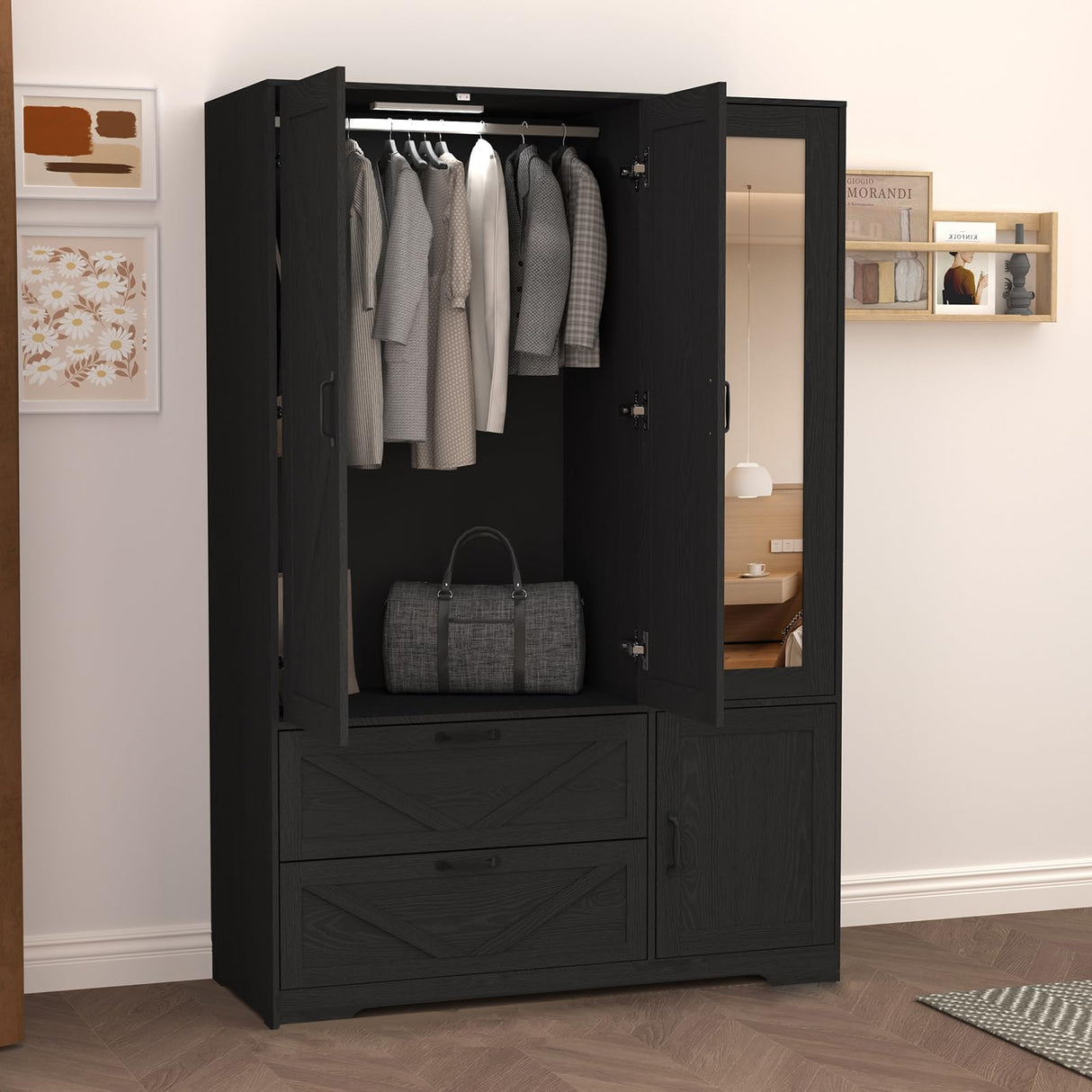 Hosnnile 72'' Armoire Wardrobe Closet with Mirror Door & Light, Farmhouse Bedroom Clothes Cabinet with 4 Doorrs + Hanging Rod + 2 Drawers, Wooden Wardrobe Cabinet with Adjustable Shelf for Bedroom Hosnnile