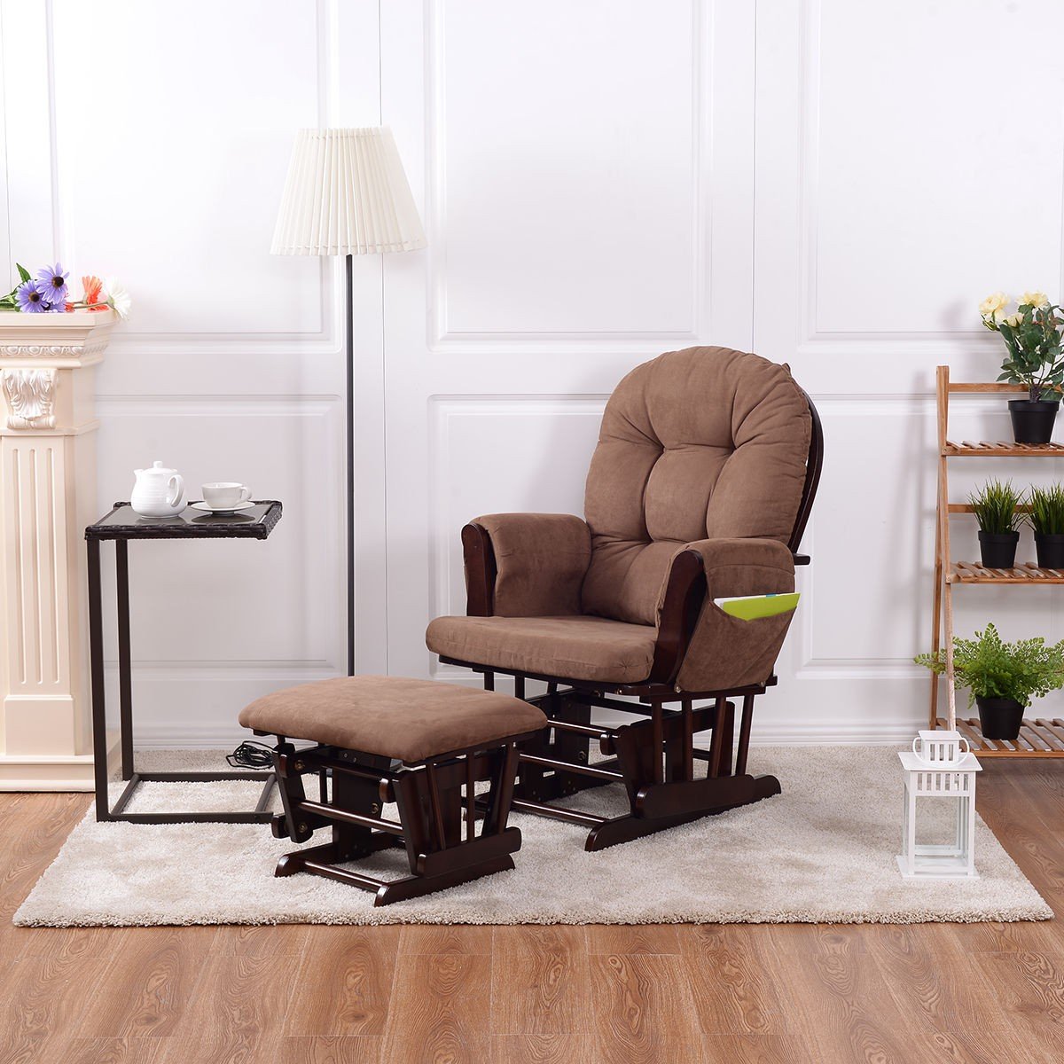 LHONE Rocking Chair with Ottoman, Brown, Traditional Style, Wooden, Adjustable Backrest, Recliner, Nursery & Living Room LHONE