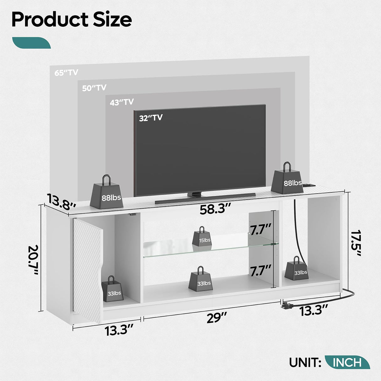 Bestier LED TV Stand with Power Outlets for 55/60/65 Inch TV, Gaming Entertainment Center with Cabinet for PS5, Modern TV Cabinet with Adjustable Glass Shelves for Bedroom 58 Inch Carbon Fiber White Bestier