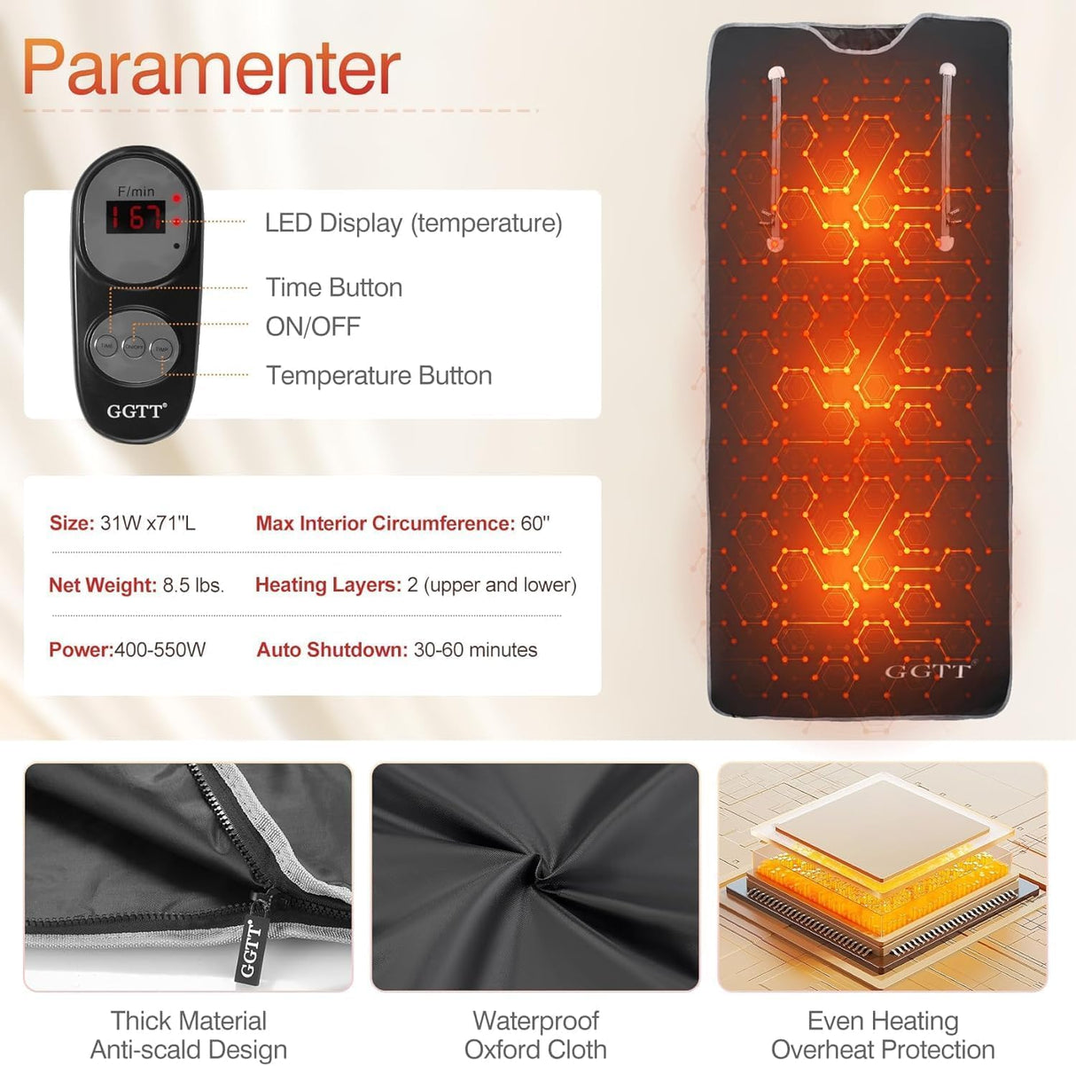 UMIXGENE Infrared Sauna Blanket-Sauna Blanket for Home Use, Portable Design for Relaxation and Detoxification Highest 176℉, 20-60 Minutes Timer, 6 ft x 2.65 ft(Deep Black) UMIXGENE