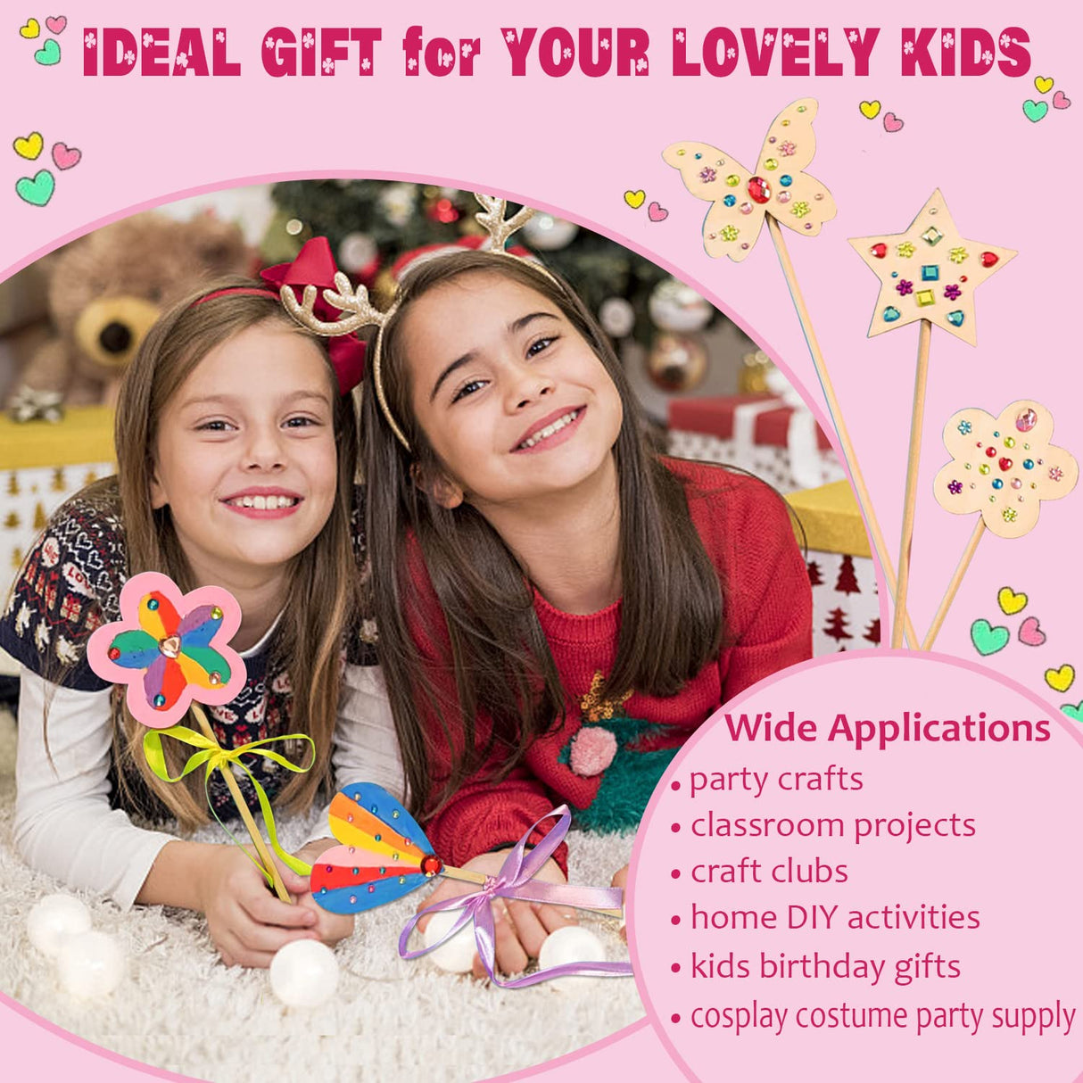 WUBOMJIO Princess Fairy Wands Craft Kit, Kid Birthday Party Supplies Make Your Own Magic Wands Include Unfinished Wooden Fairy Wands, Gem Stickers, Ribbons, Ideal for Kids 6+(14 PCS) WUBOMJIO