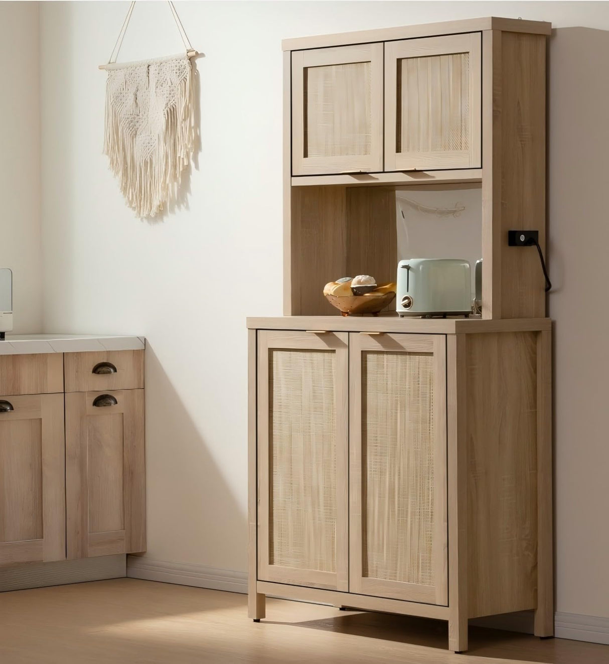 SICOTAS Tall Farmhouse Kitchen Pantry Storage Cabinet, Wooden Pantry Cabinet with Steel Mirror, Power Outlet and Rattan Door, Boho Large Freestanding Cupboard for Kitchen, Dining Room, Light Oak SICOTAS