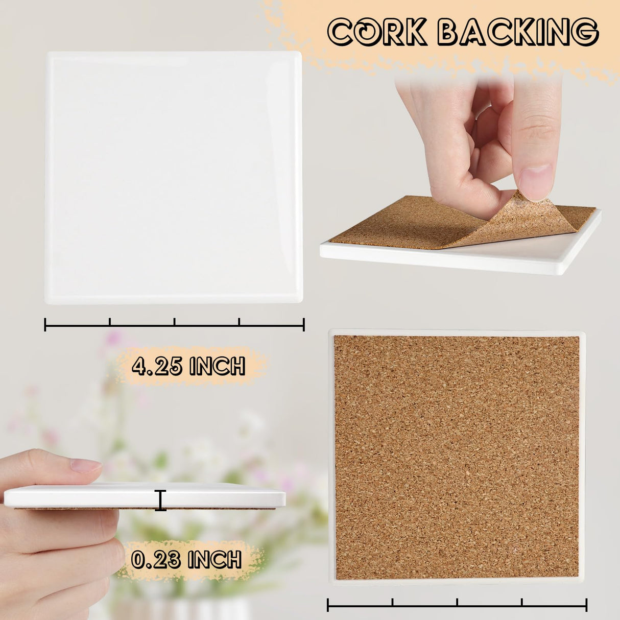 24 Pieces Sublimation Coasters, GOH DODD Glossy Ceramic Tiles for Crafts White Glazed Blanks with Cork for Drinks DIY Crafts Alcohol Ink Painting Heat Transfer Home Kitchen Decor, 4.25 Inch, Square GOH DODD