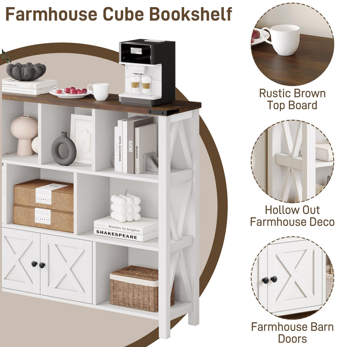 Halitaa Farmhouse Horizontal Bookcase, 11 Cube Storage Organizer Bookshelf, Wooden Open Cube Shelf Bookcase, 3 Tier Cube Display Bookshelves with Storage, Rustic White Halitaa