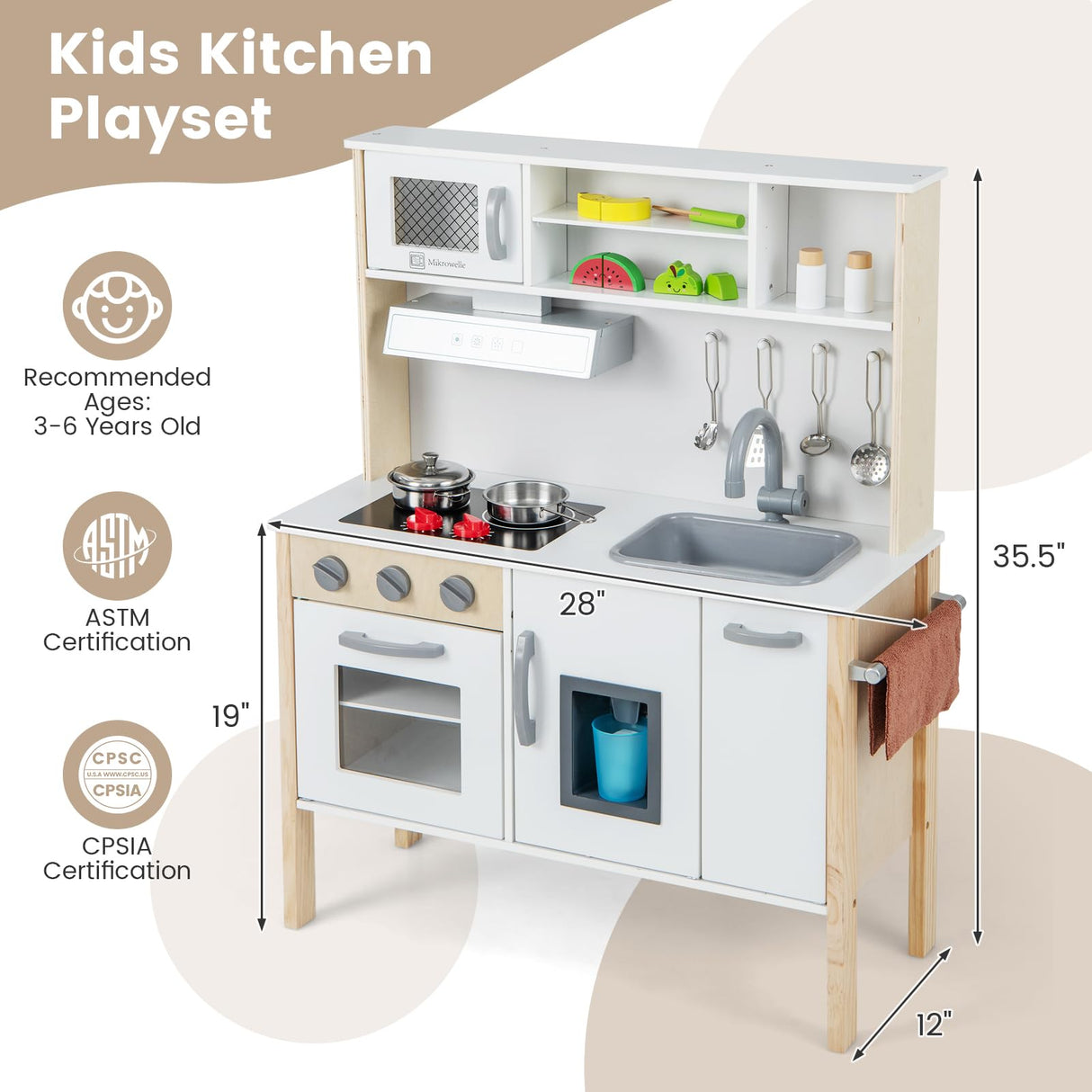 HONEY JOY Kids Kitchen Playset, Wooden Play Kitchen for Toddlers, Microwave, Range Hood, Ice Maker, 18 Cooking Accessories, Little Chef Pretend Play Toy Kitchen Set, Gift for Boys Girls, Natural HONEY JOY