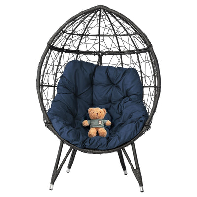 HLNPTN Patio Egg Chair Wicker Outdoor Egg Basket Chairs, Oversized Outdoor Furniture PE Rattan Patio Lounge Chair 440lb Capacity Sofa Seat with Stand & Gray Cushions for Indoor, Living Room, Backyard