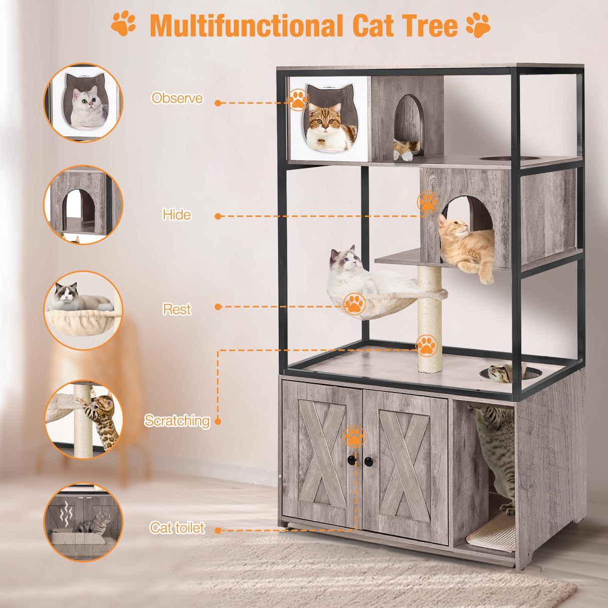 Cat Litter Box Enclosure,Hidden Litter Box Furniture with Metal Frame,Wooden Kitty House with Barn Door,Wooden Cat Washroom Furniture,Fit Most of Litter Box (Grey, M) Suumerpety