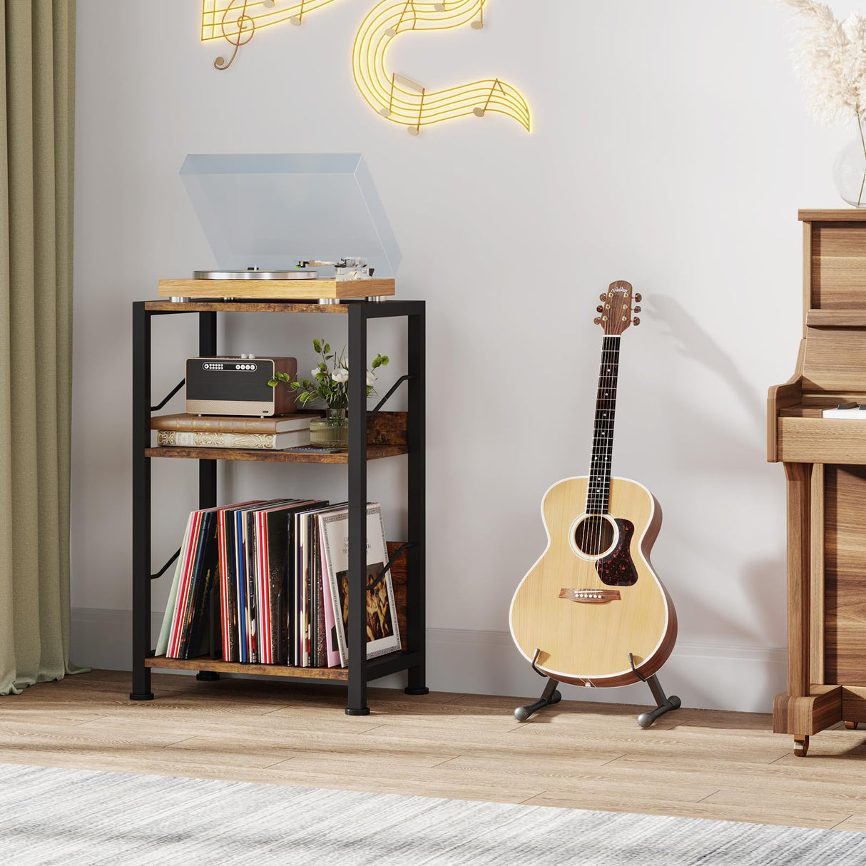 Hosfais 3-Tier Record Player Stand - Retro Vinyl Record Storage End Table Records for Living Room Bedroom (Rustic Brown) Hosfais