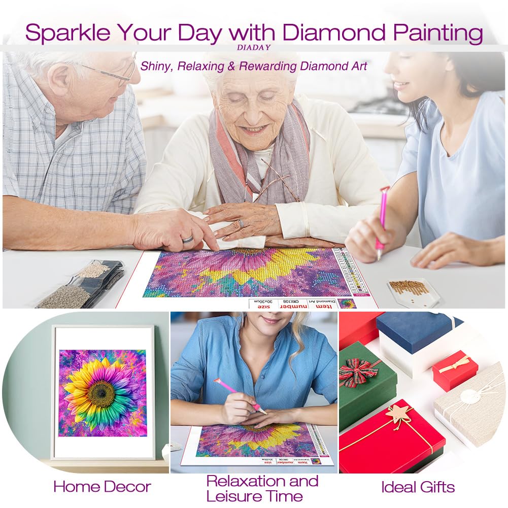 DIADAY Rainbow Sunflower Diamond Art Kits for Adults, 5D Flowers Diamond Painting Kits for Adults, Full Drill Diamond Art, DIY Gem Craft Arts Home Wall Decor Gift 12 x 12 Inches DIADAY