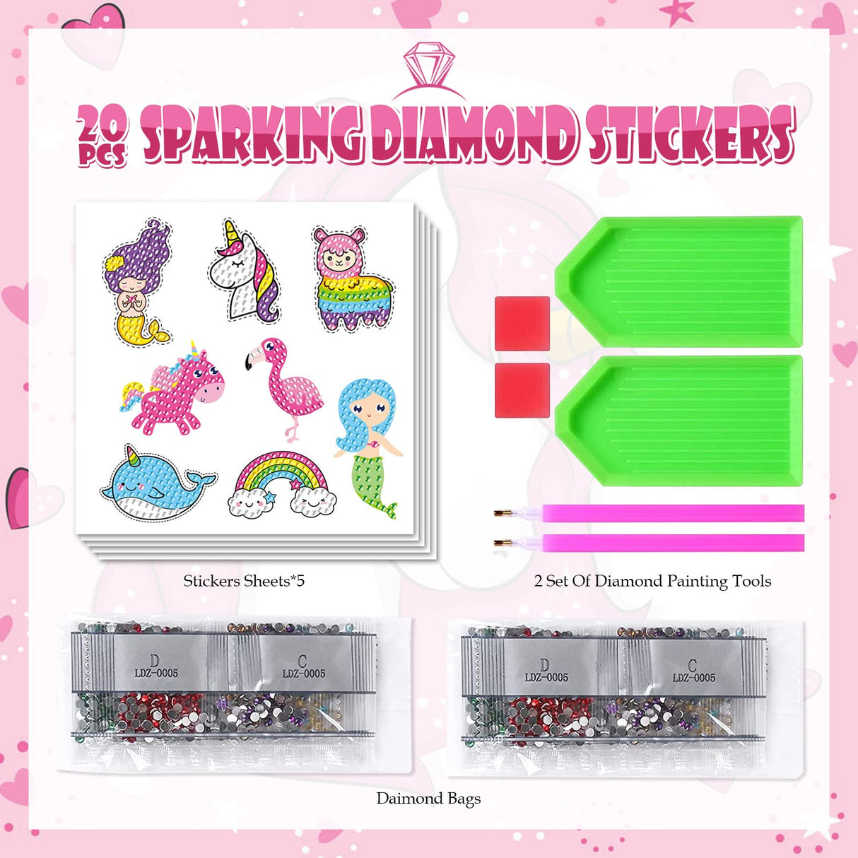 ACSAUMMY Diamond Painting Kits, 20pcs Uni-Corn Diamond Arts Paintings Stickers for Kids 5D DIY Diamond Dots Painting Self-Adhesive Mosaic Stickers Unicorn Gem Arts and Crafts for Kids Girls ACSAUMMY
