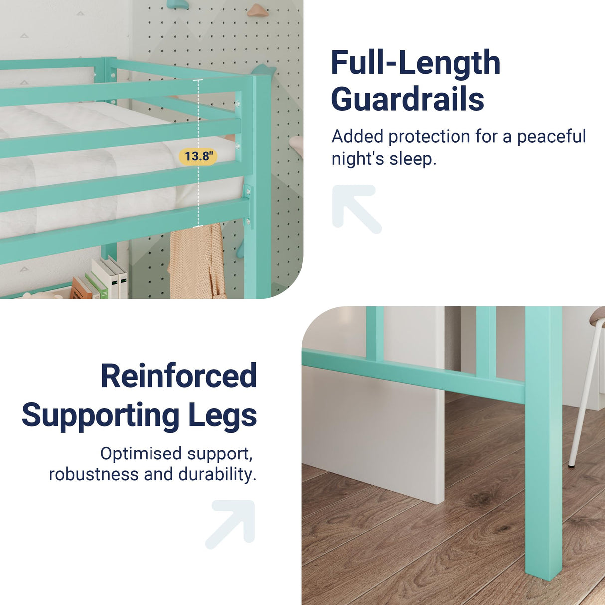 Allewie Metal Loft Bed Twin Size with Guardrail and Ladder, Small Space Saving Design for Bedroom Kid Room and Dorm, No Box Spring Needed, Green Allewie