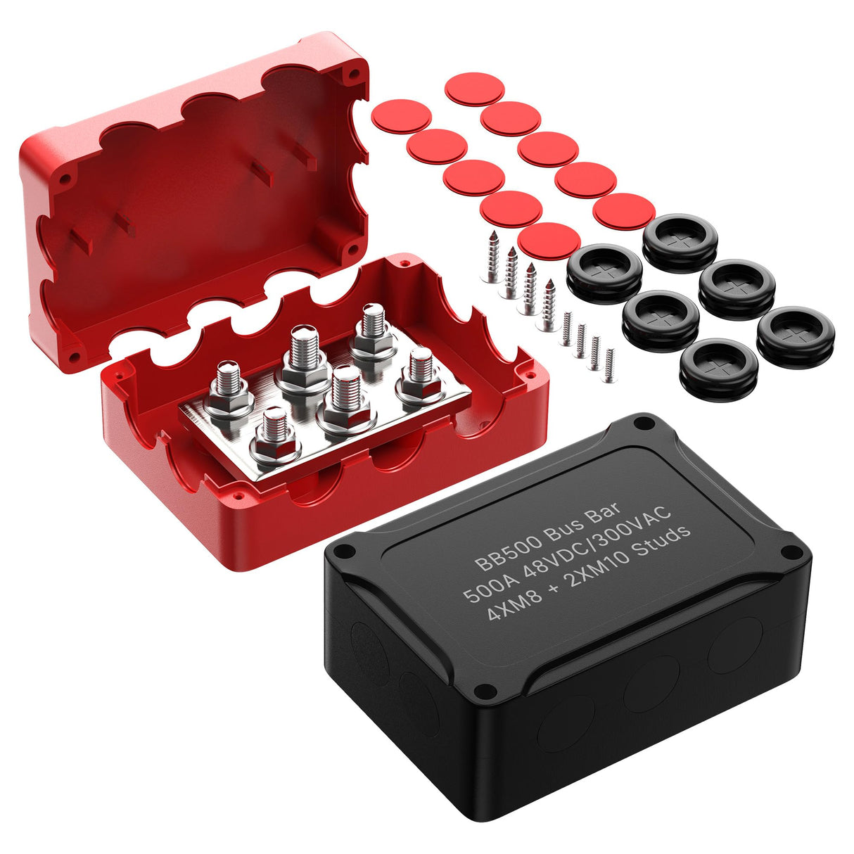 Joinfworld Heavy Duty 500A Bus Bar Waterproof Power Distribution Block with 4*5/16"(M8)+2*3/8"(M10) Studs 48V DC Automotive Marine Battery Terminal Distribution Block with Cover - Negative&Positive Joinfworld