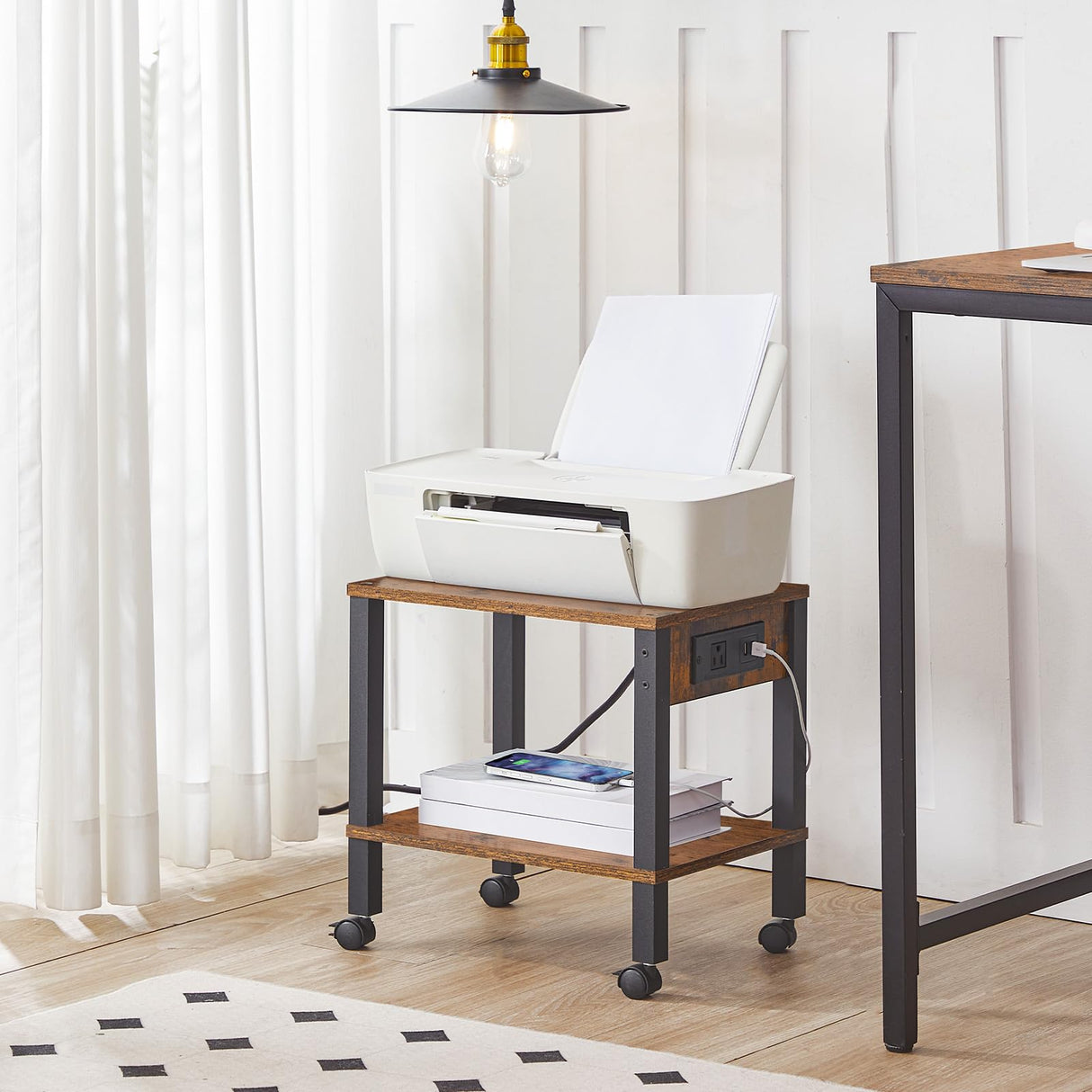 HOOBRO 2-Tier Printer Stand with Charging Station, Under Desk Printer Table, Printer Cart with Storage Shelves, Printer Shelf for Small Spaces, for Home Office, Rustic Brown and Black BF38UPS01 HOOBRO