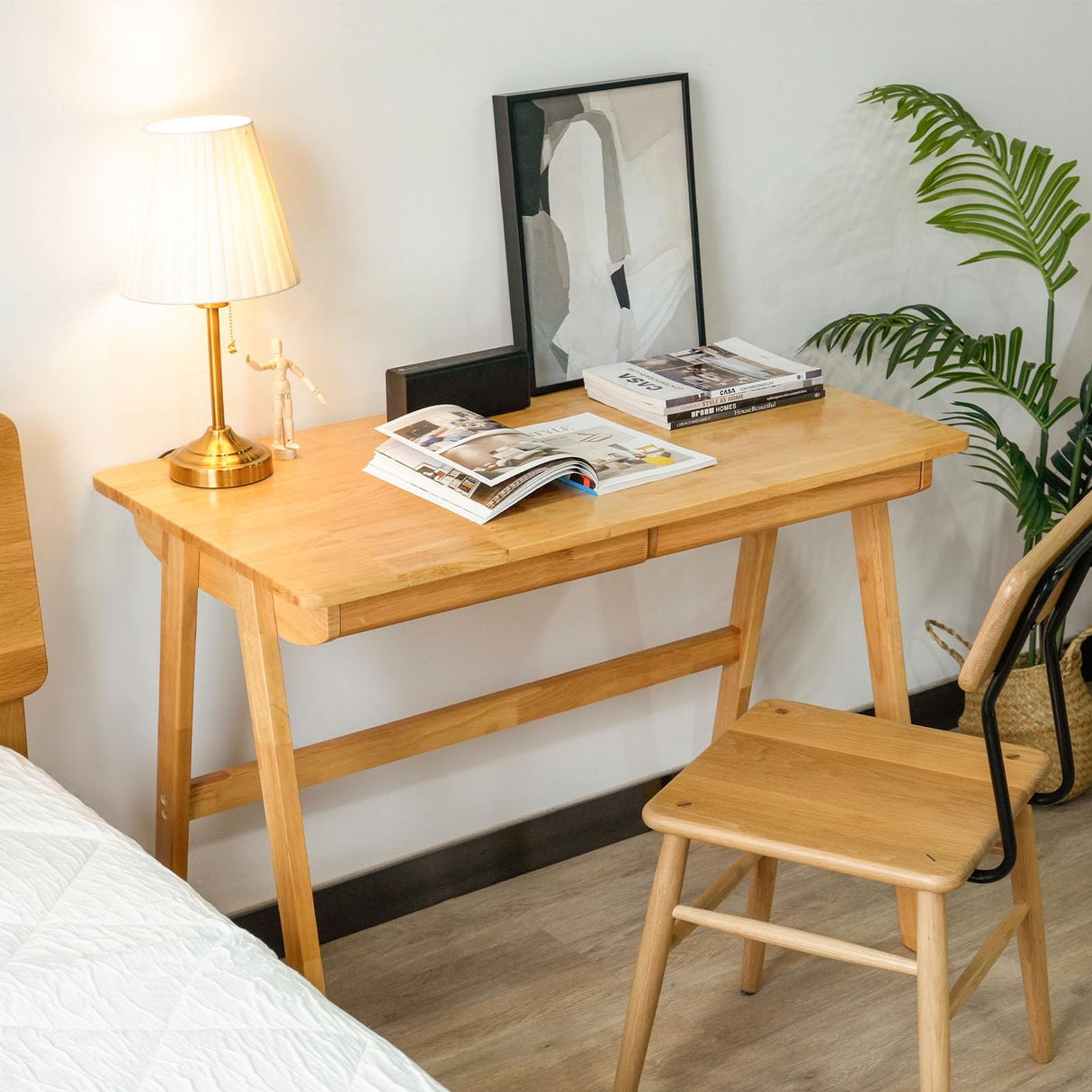 Cttasty Computer Desk with Drawers, Solid Wood Writing Desk, Mid Century Modern Home Office Desks, Oak Study Table, Small Desk for Bedroom, 29.1 H x 39.4 W x 21.7 D Inches, Natural Cttasty