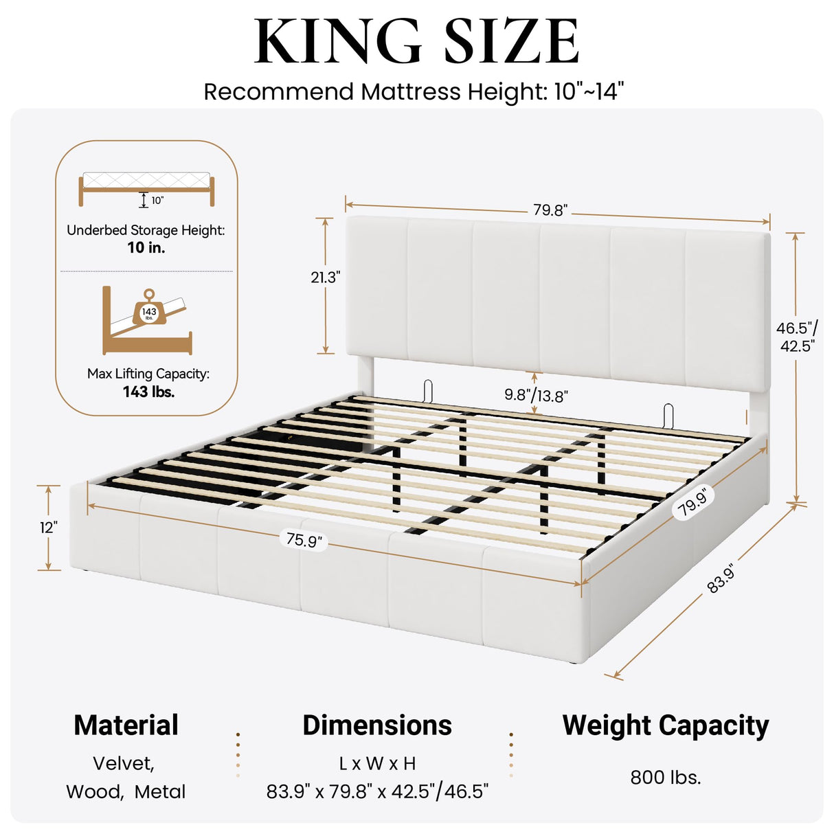 SHA CERLIN King Size Lift Up Storage Bed Frame, Adjustable Headboard, Hydraulic Support, Velvet Upholstered, Easy Installation, No Box Spring Needed, White SHA CERLIN