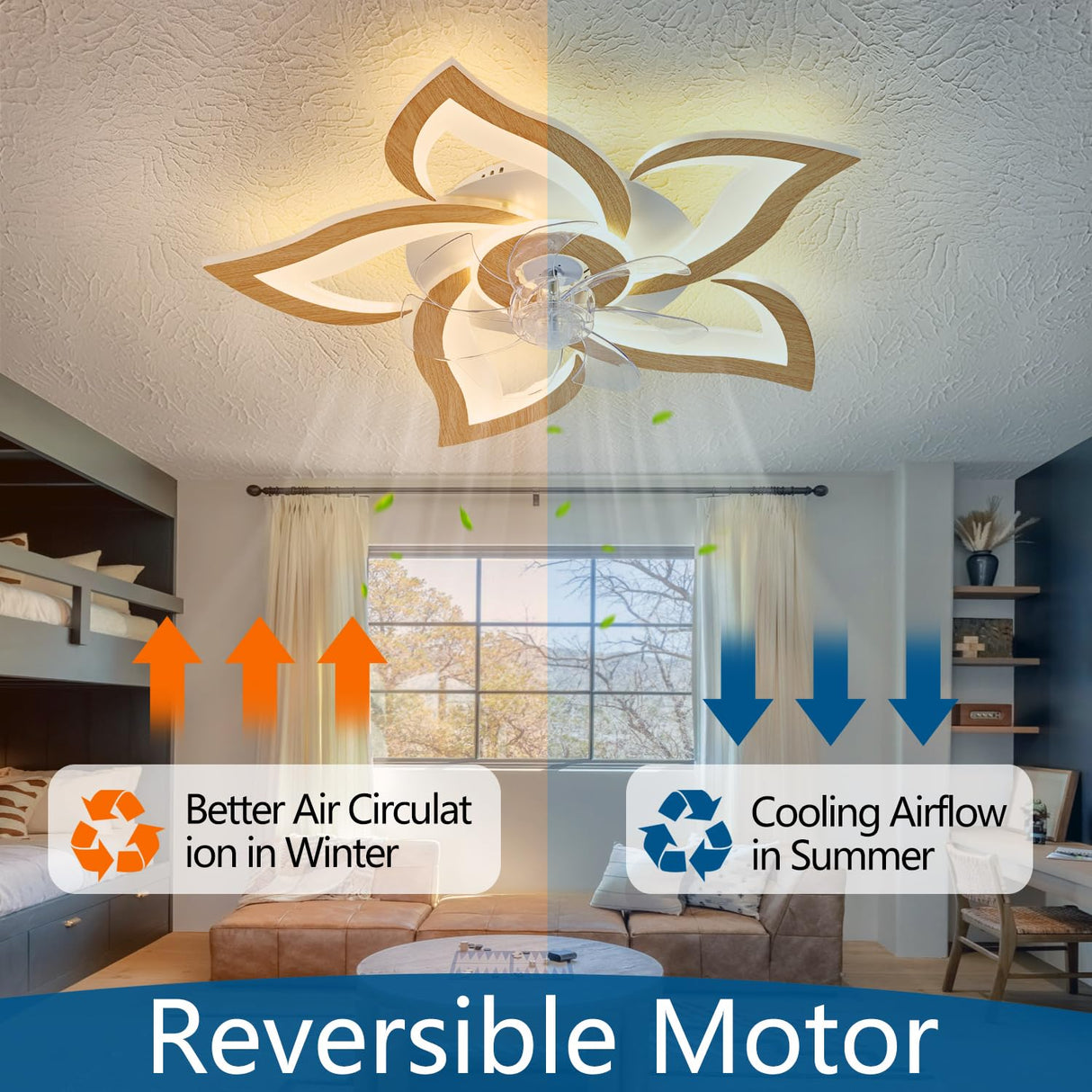 Dalouguan Geometric Ceiling Fan with Lights Remote Control, Wooden Ceiling Fan with Light, 3 Light Color 6 Speeds Low Profile Flush Mount Ceiling Fan for Kitchen Bedroom Living Room Dalouguan