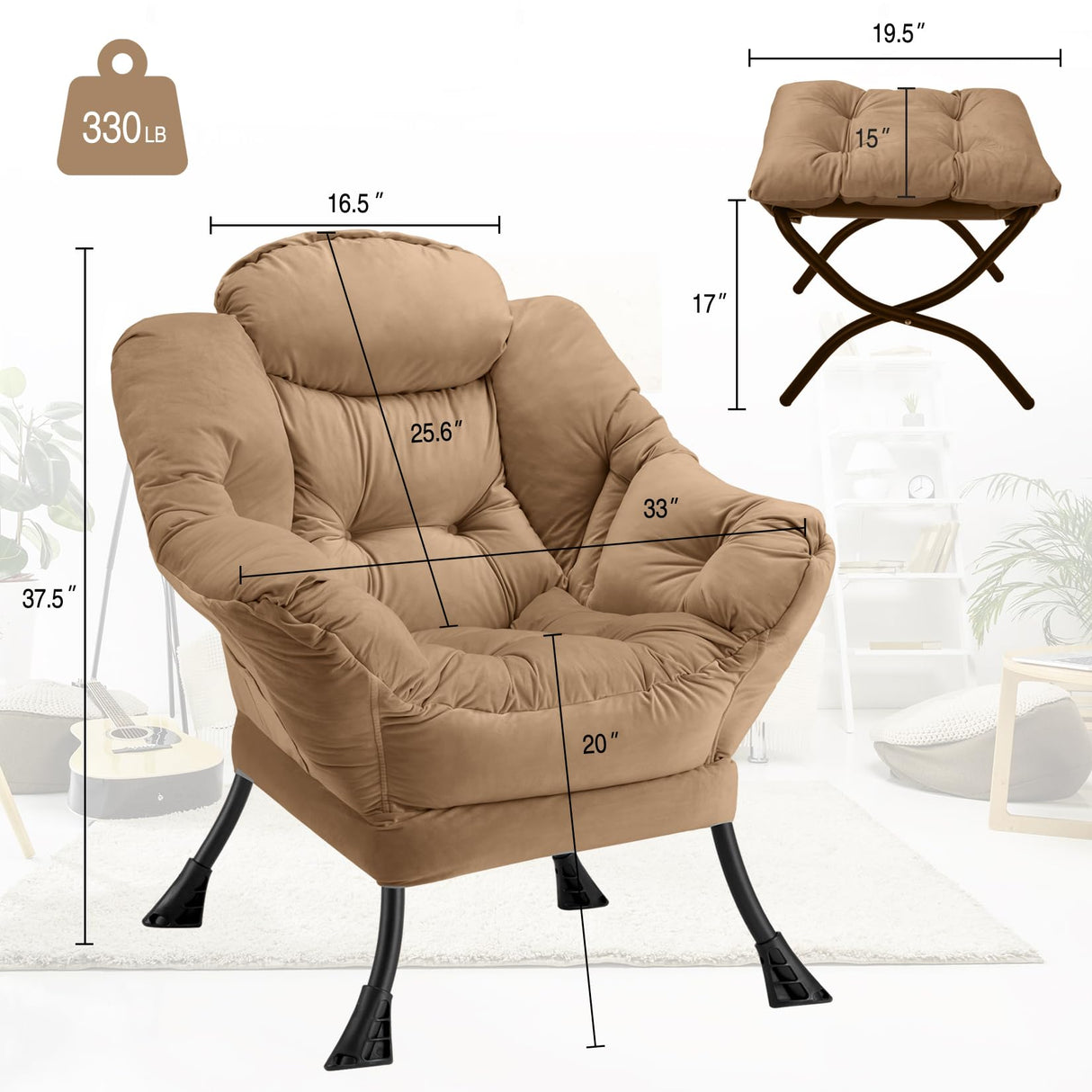 Congermom Lazy Chair with Folding Ottoman Modern Large Accent Chair,Contemporary Lounge Leisure Sofa Chair with Armrests Upholstered Sofa Armchair Reading Chair for Bedroom,Dorm & Office(Khaki-f) Congermom