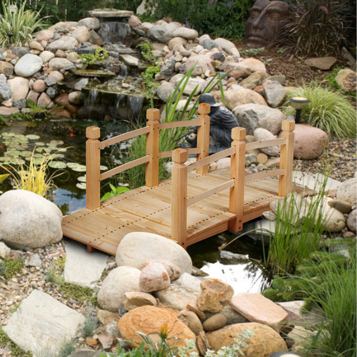 HAPPYGRILL 5-Feet Wooden Bridge Natural Wood Garden Bridge Pond Bridge with Guardrails for Garden Backyard Decoration HAPPYGRILL