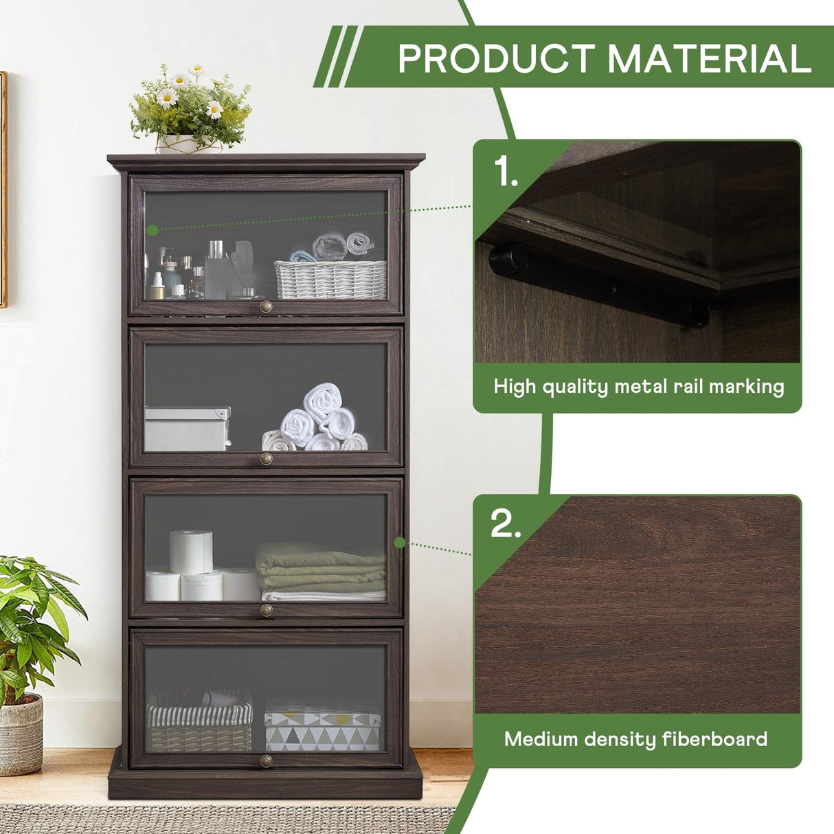 Plturdke Farmhouse Barrister Bookcase with Drawers Tall Bookshelf with Storage Kitchen Pantry Cabinet Curio Cabinet Display Cabinet with Flip up Glass Doors and Shelves Book Shelf for Bedroom (Brown) Plturdke