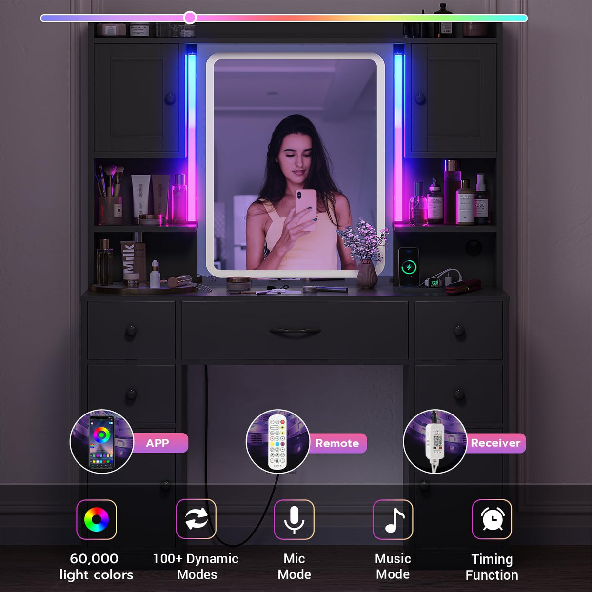 Tiptiper Large Makeup Vanity with Lights, Vanity Desk with LED Mirror & Charging Station, Vanity Set with 5 Drawers, 4 Cabinets & Time Display, Black Tiptiper