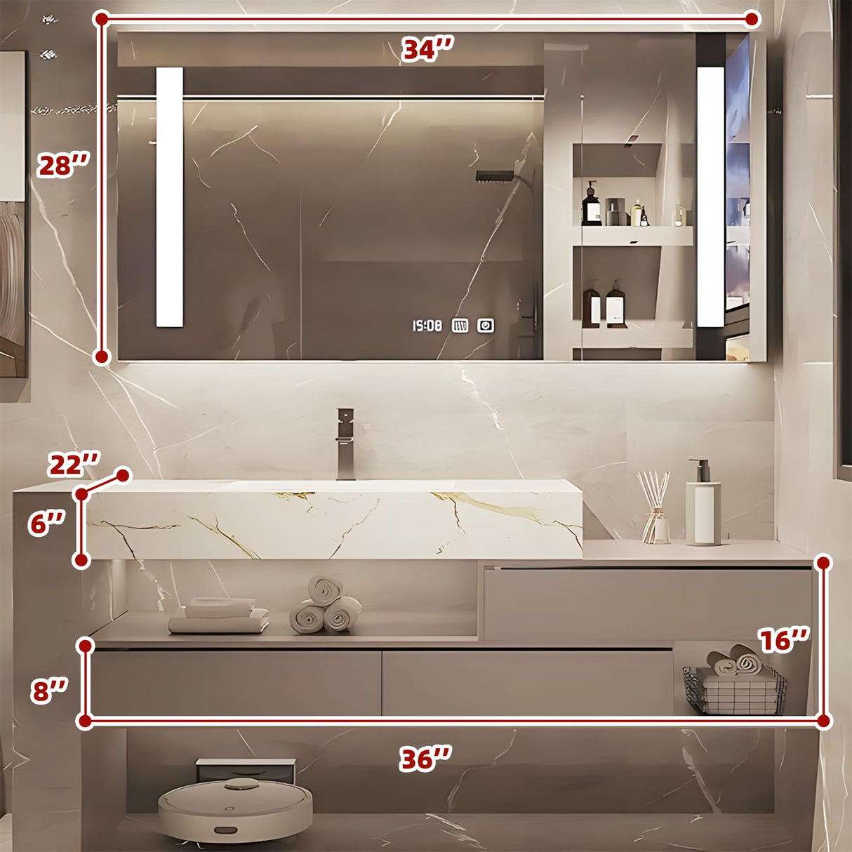 LUTHXAY Bathroom Vanity Set, Floating Bathroom Vanity with Single Sink, Solid Wood Bathroom Vanity Includes Smart Anti-Fog Mirror & Integrated Sink & Countertop, Large Capacity Mirror Cabinet (36IN) LUTHXAY