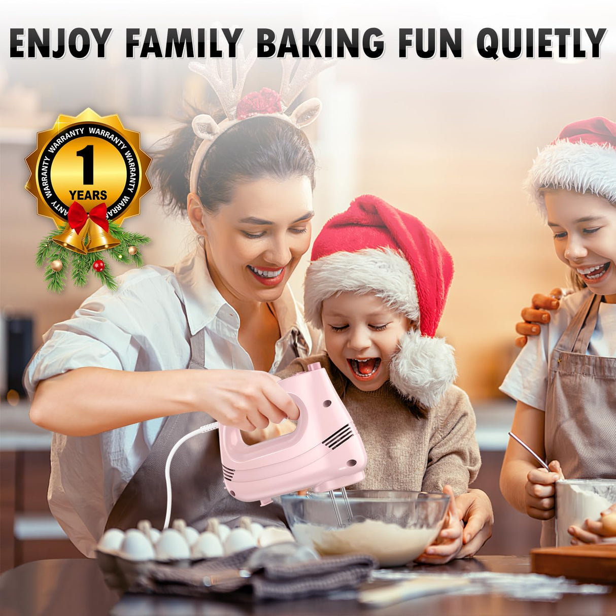 GUALIU Electric Hand Mixer with Stainless Steel Whisk, Dough Hook Attachment and Storage Bag, Handheld Mixer for Baking Cakes, Eggs, Cream Food Mixers. Turbo Boost /5 Speed Kitchen Blender PINK GUALIU