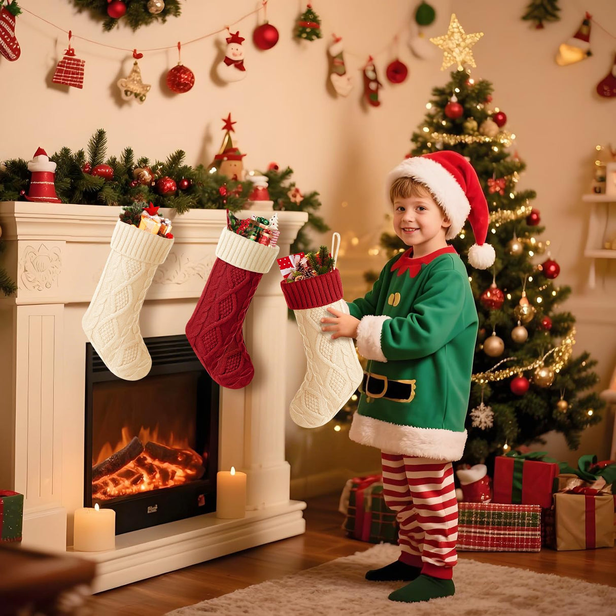 3PCS Knit Large Christmas Stockings,Length 18.9'',Fireplace Christmas Decorations, Holiday Gift Xmas Stockings for Candy Toy ScandiCasis