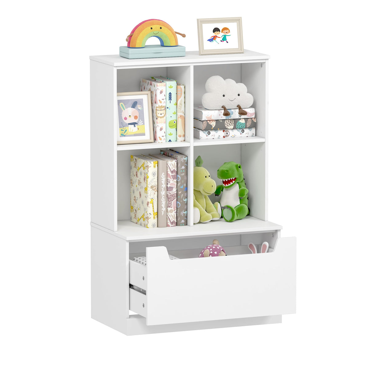 UTEX Kids Bookshelf and Toy Storage Organizer, Toddlers Bookcase with Cubbies, Adjustable Wood Shelf with Drawer for Bedroom, Playroom, Nursery, White UTEX